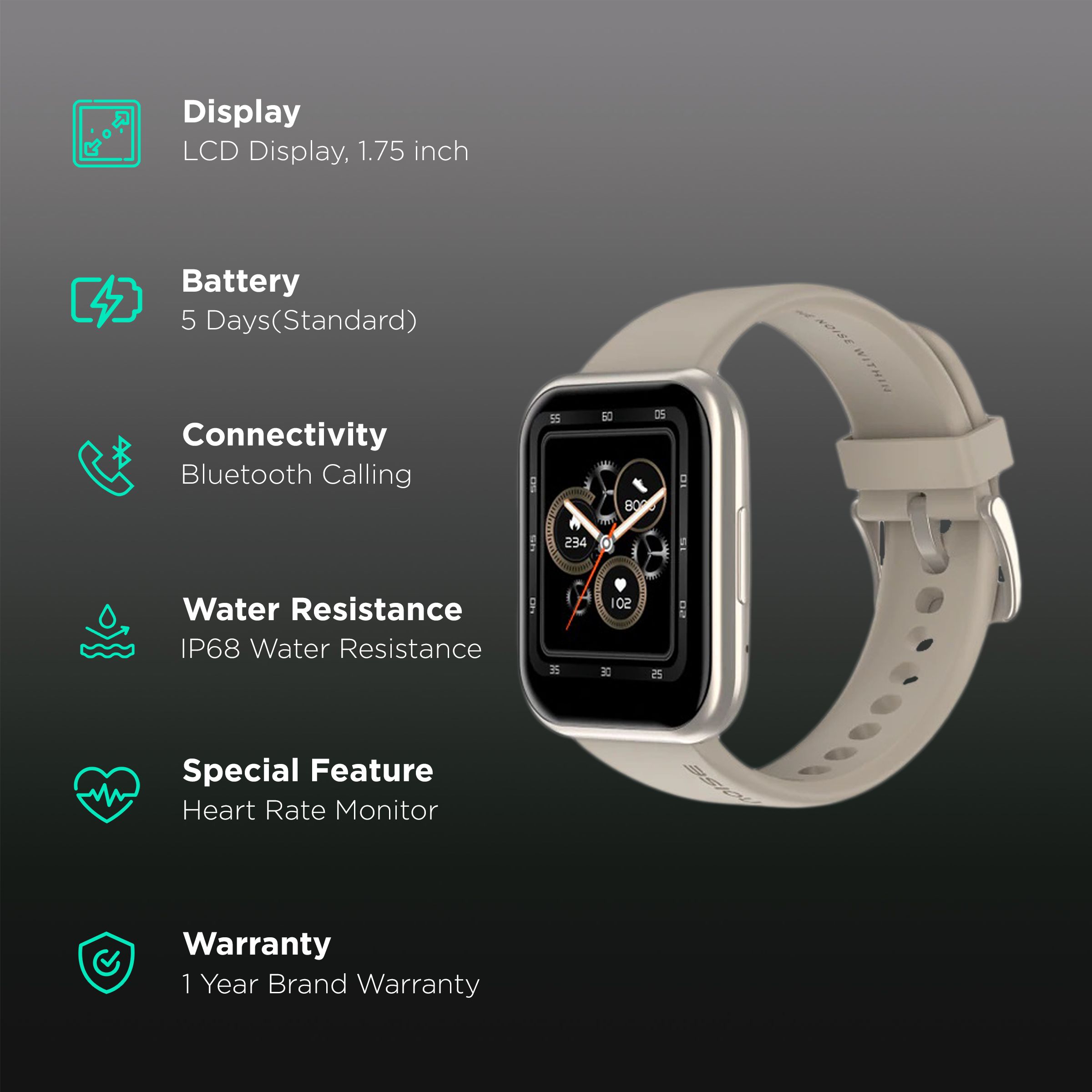 noise ColorFit Ultra Buzz Smartwatch with Bluetooth Calling (44.45mm LCD Display, IP68 Water Resistant, Champagne Grey Strap)_2