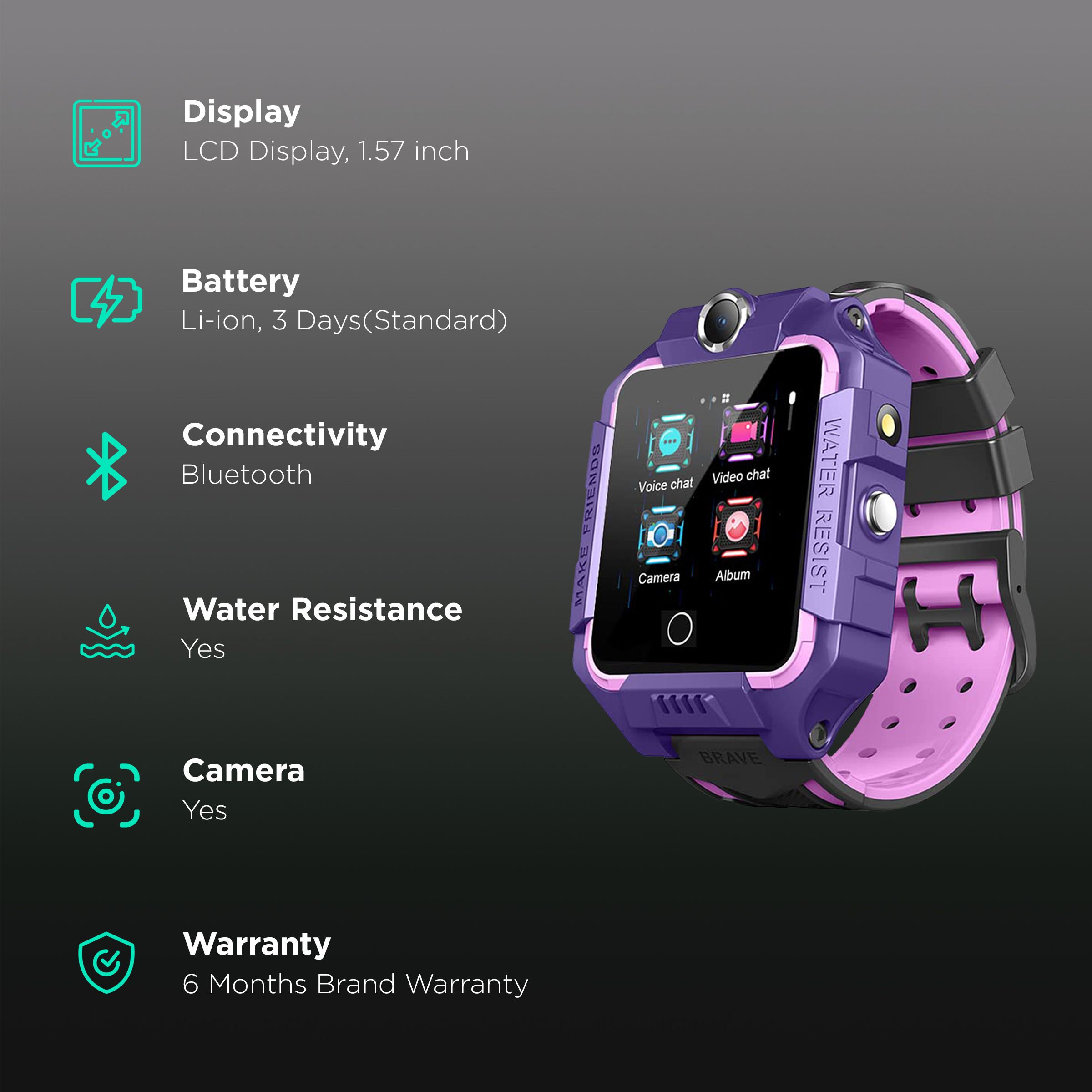 sekyo Turbo 4G Smartwatch with GPS (40mm LCD Display, Water Resistant, Purple/Black Strap)_2
