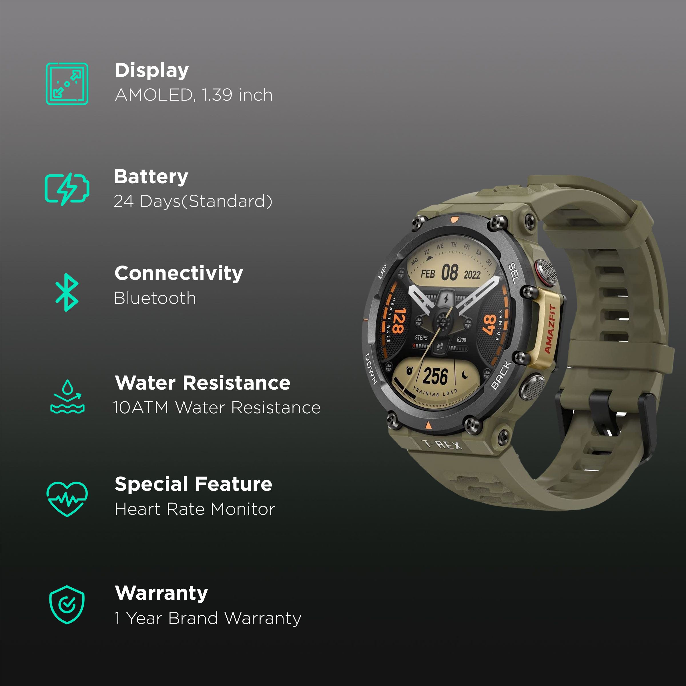 amazfit T-Rex 2 Smartwatch with Activity Tracker (35.3mm AMOLED Display, 10ATM Water Resistant, Wild Green Strap)_2