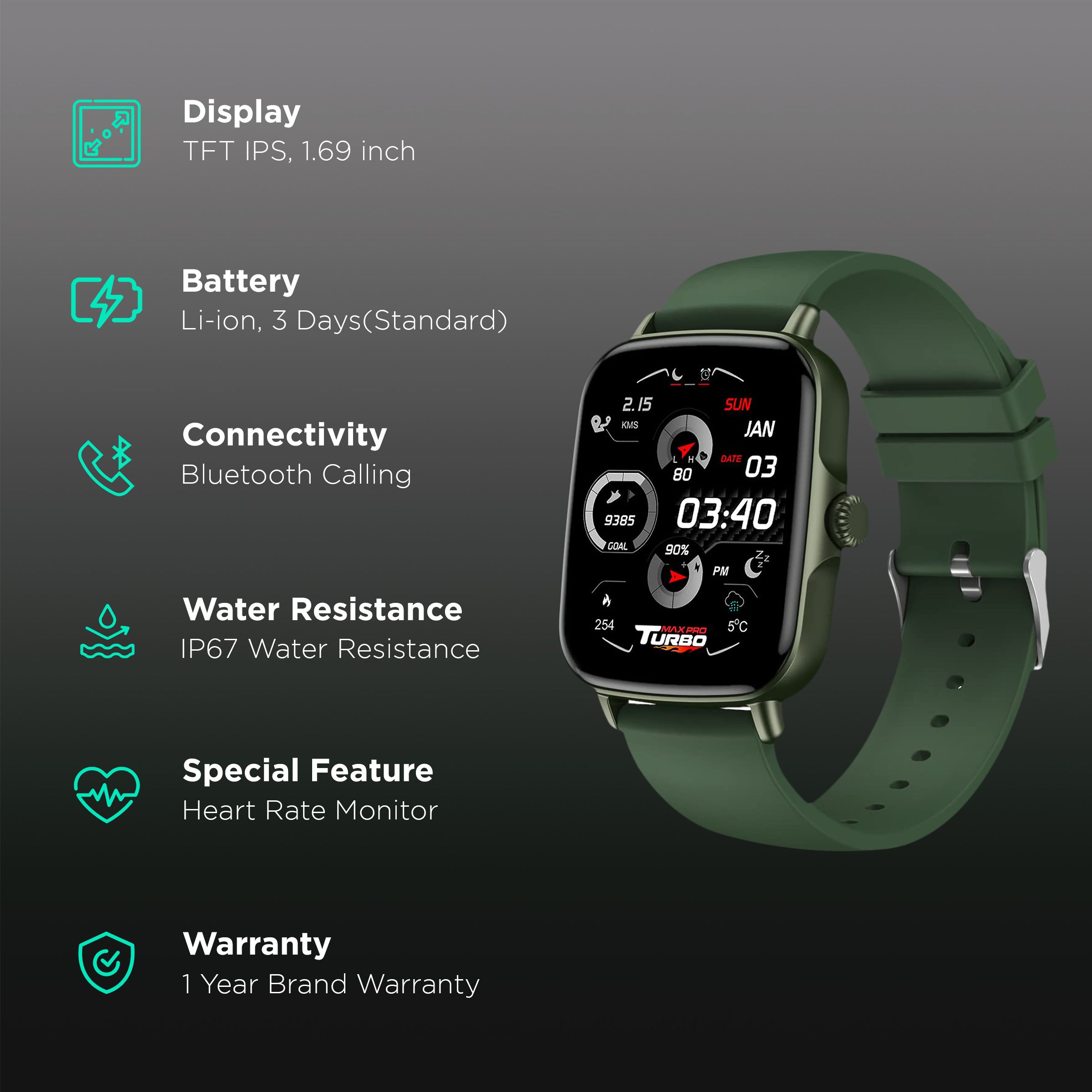 maxima Max Pro Turbo Smartwatch with Bluetooth Calling (42.9mm IPS HD Display, IP67 Water Resistant, Army Green Strap) maxima Max Pro Turbo Smartwatch with Bluetooth Calling (42.9mm IPS HD Display, IP67 Water Resistant, Army Green Strap)_2