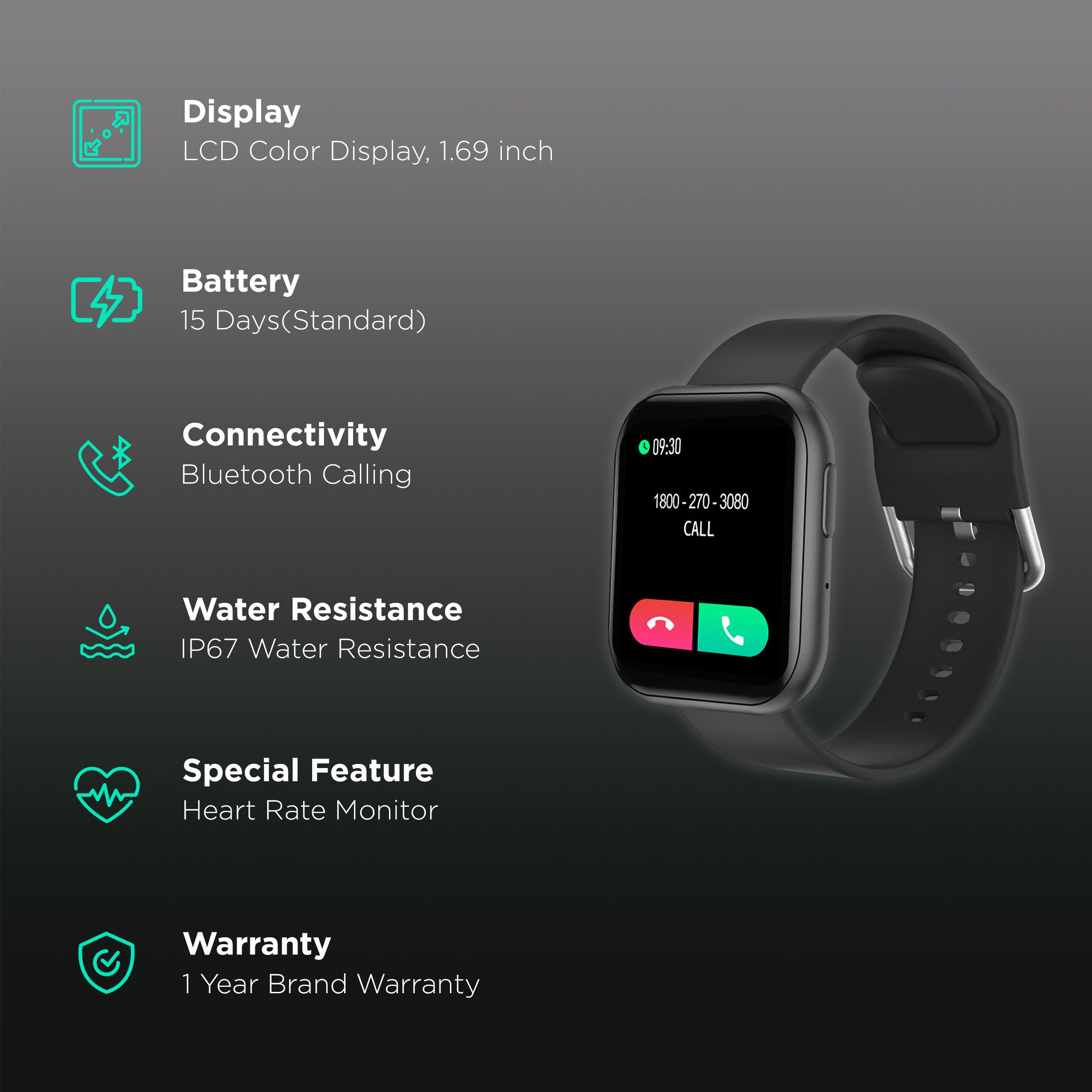 JUST CORSECA Snugar Smartwatch with Bluetooth Calling (42.92mm LCD Color Display, IP67 Water Resistant, Black Strap)_2