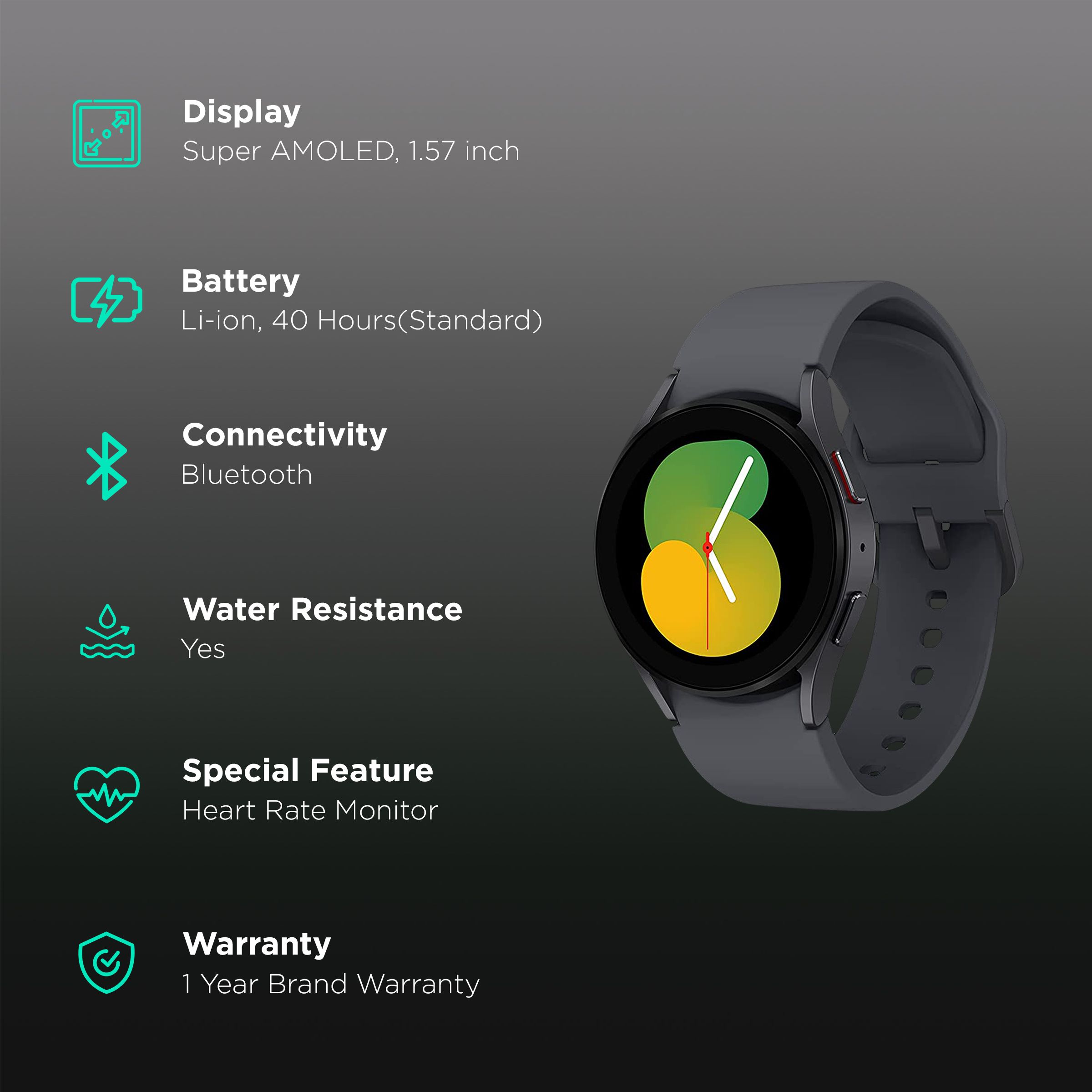 SAMSUNG Galaxy Watch5 GPS+Wi-Fi+Bluetooth Wear OS Smartwatch (40mm Super AMOLED Display, Water Resistant, Graphite Strap)_2