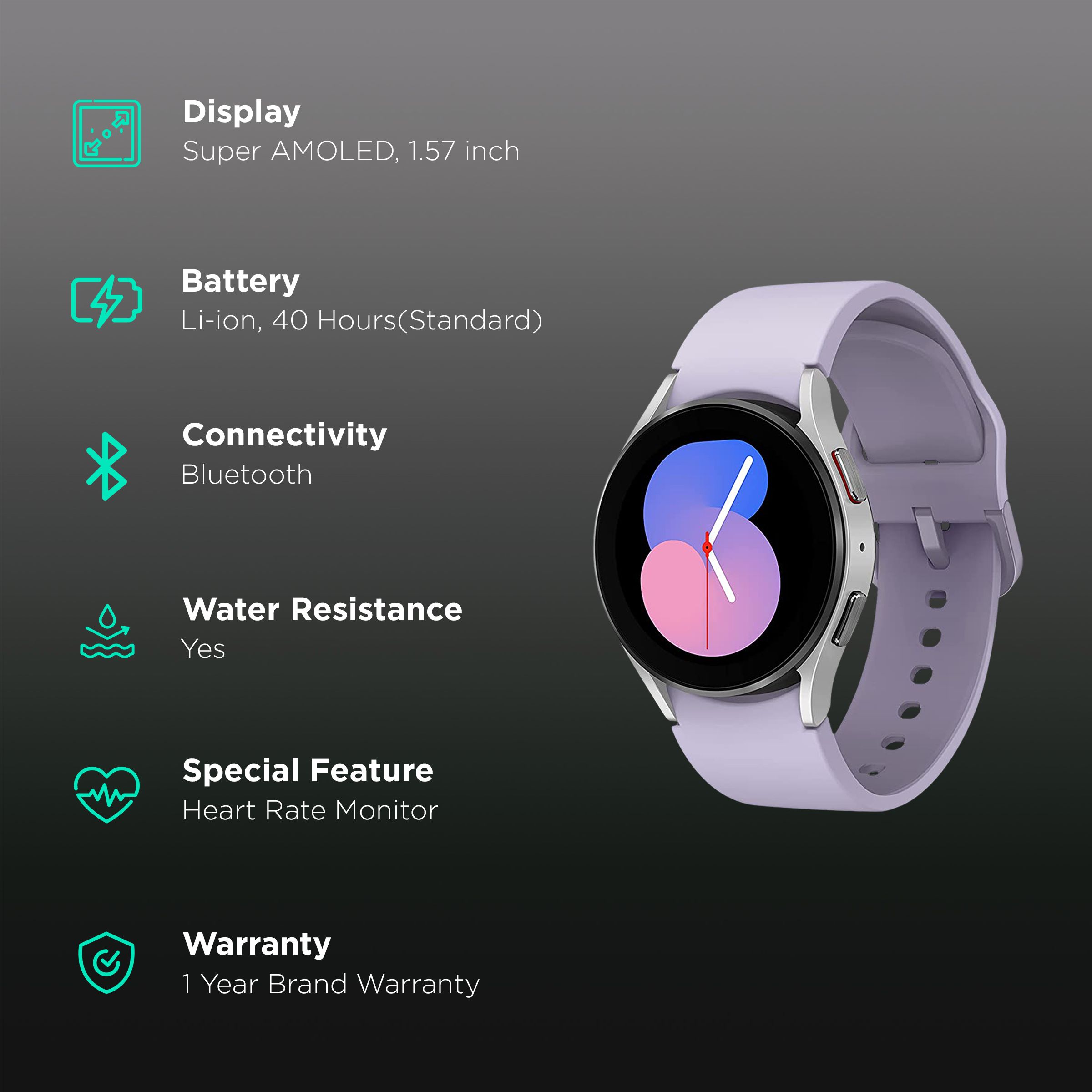 SAMSUNG Galaxy Watch5 GPS+Wi-Fi+Bluetooth Wear OS Smartwatch (40mm Super AMOLED Display, Water Resistant, Purple Strap) SAMSUNG Galaxy Watch5 GPS+Wi-Fi+Bluetooth Wear OS Smartwatch (40mm Super AMOLED Display, Water Resistant, Purple Strap)_2