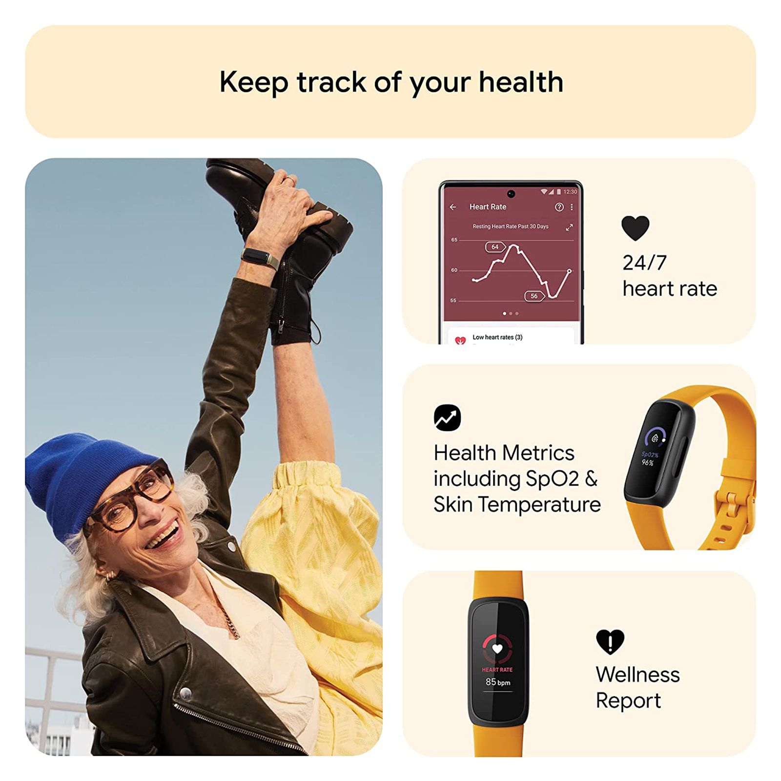 fitbit Inspire 3 Fitness Tracker with Stress Management (0.74 Inch Always-On AMOLED Display, Water Resistant, Morning Glow Strap)_8