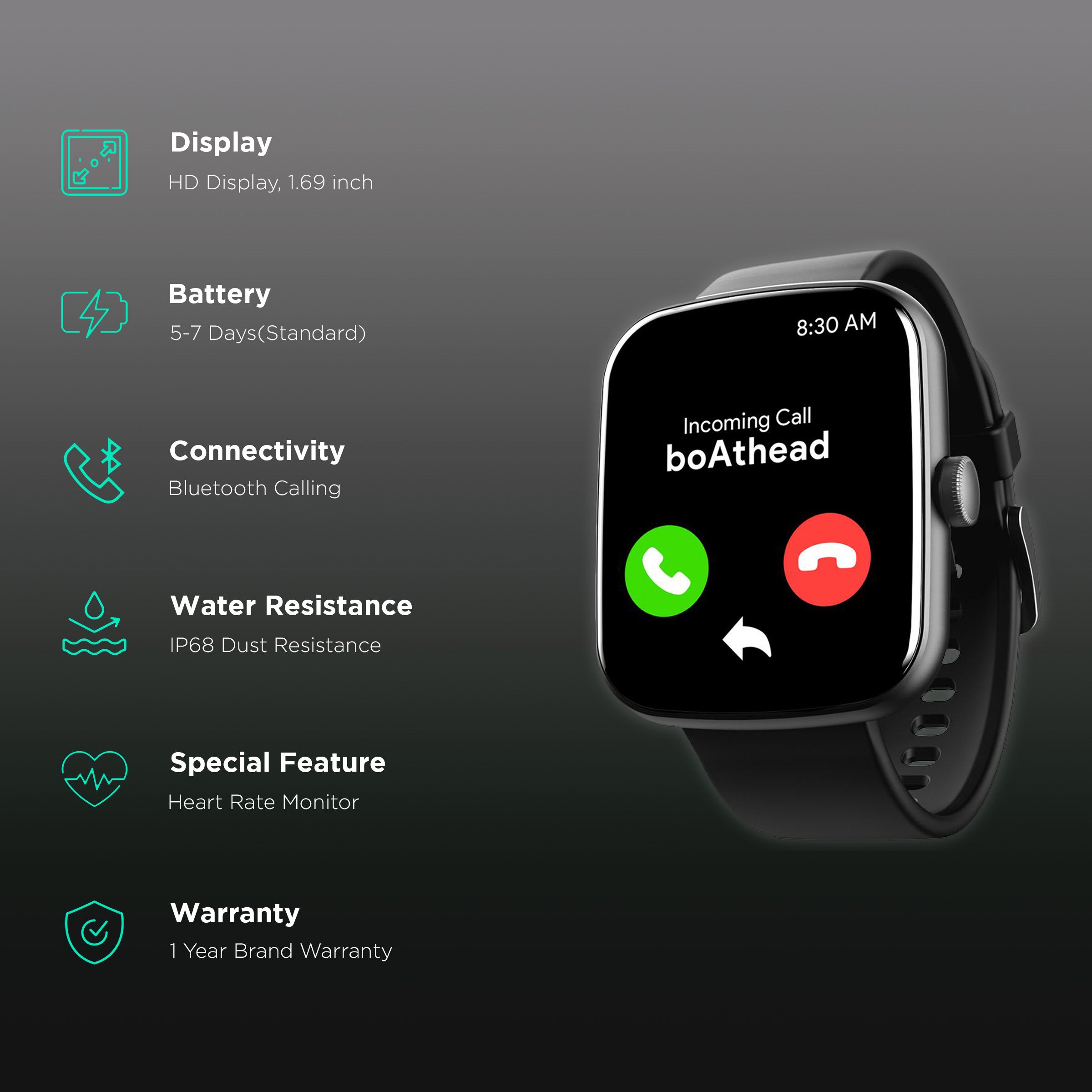 boAt Wave Lynk Voice Smartwatch with Bluetooth Calling (42.9mm HD Display, IP68 Water Resistant, Active Black Strap)_2