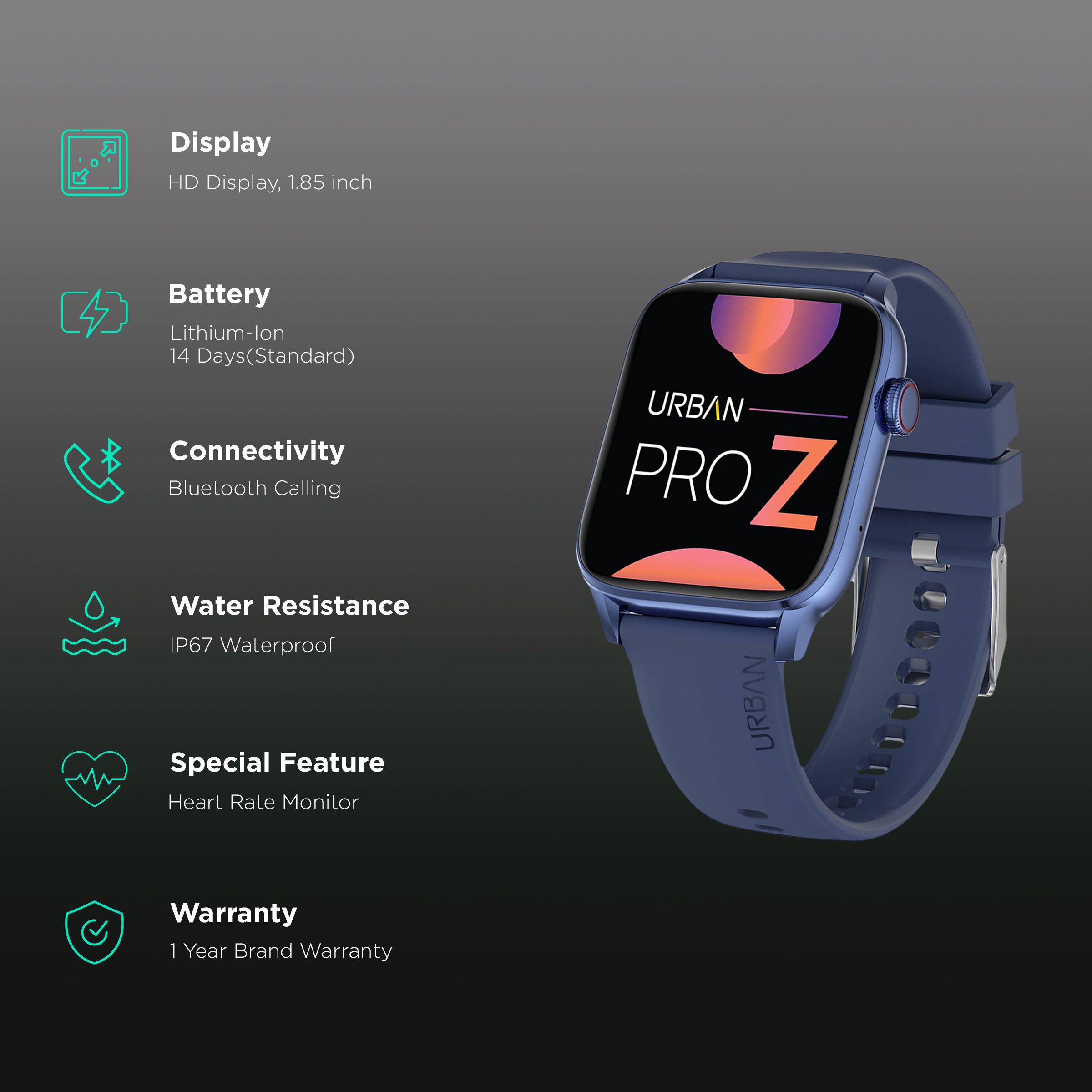 in base Urban Pro Z Smartwatch with Bluetooth Calling (46.9mm HD Display, IP67 Water Resistant, Blue Strap)_2
