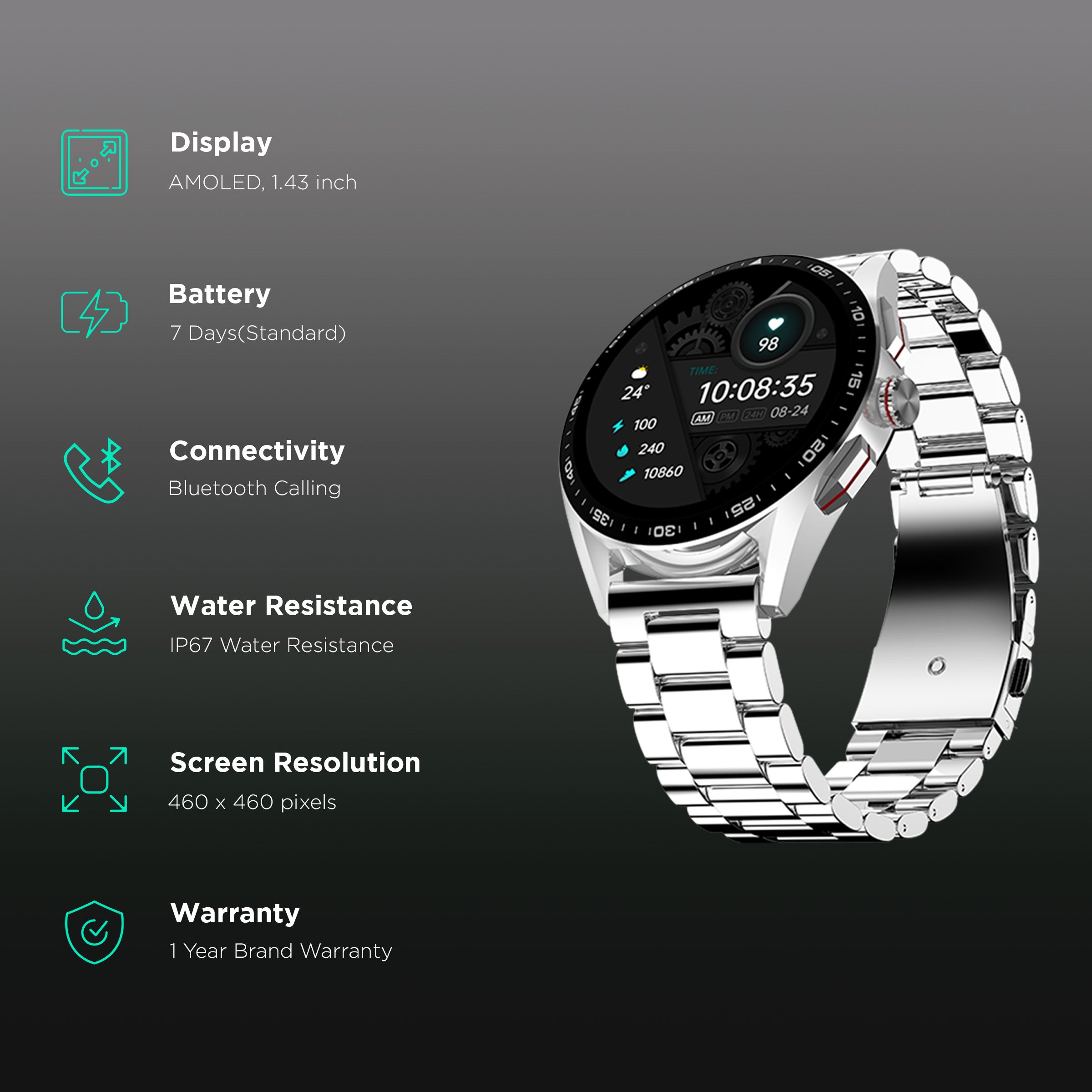 FIRE-BOLTT Invincible Plus Smartwatch with Bluetooth Calling (36.32mm AMOLED Display, IP67 Water Resistant, Silver Strap)_2