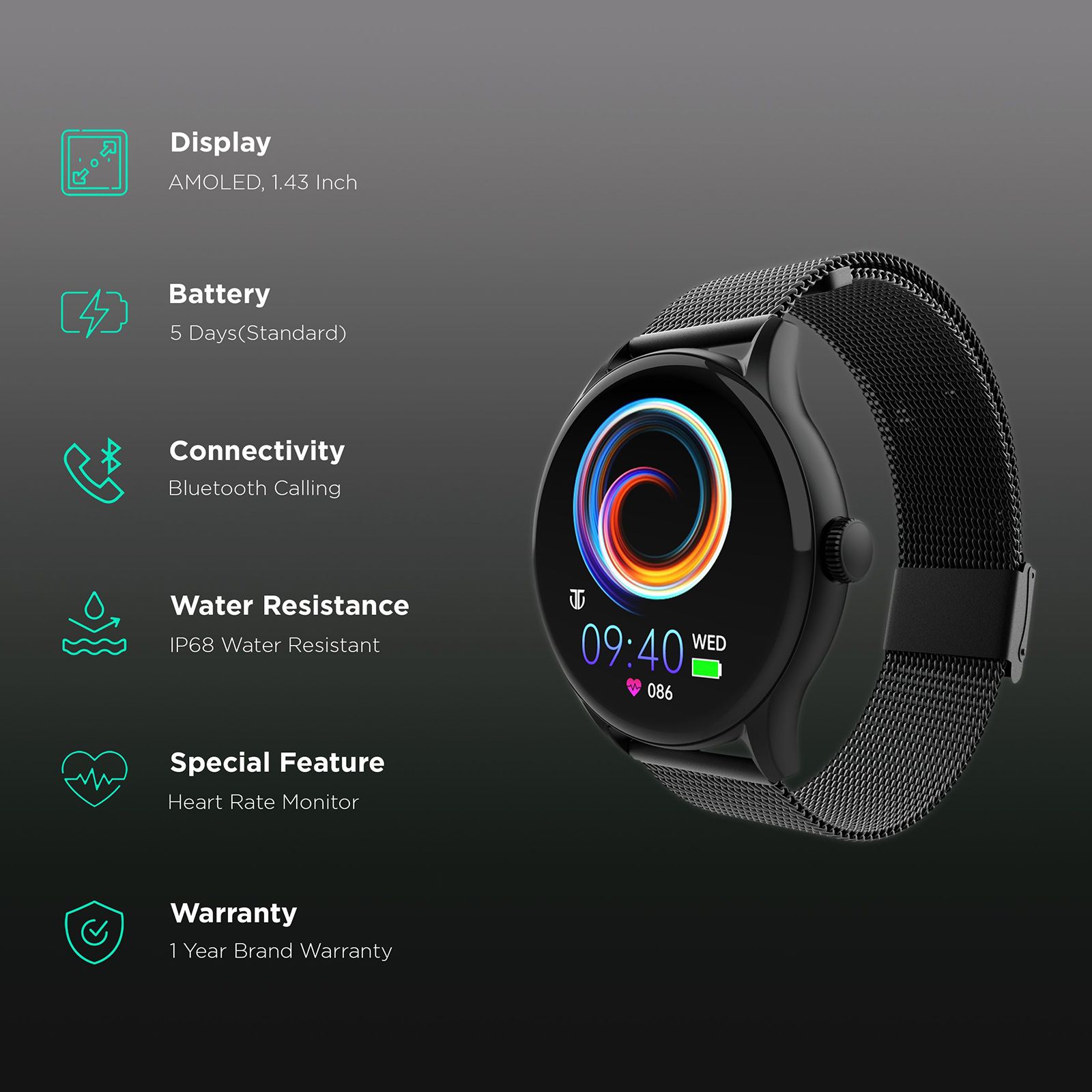 TITAN Evoke Smartwatch with Bluetooth Calling (36.32mm AMOLED Display, IP68 Water Resistant, Black Strap)_2