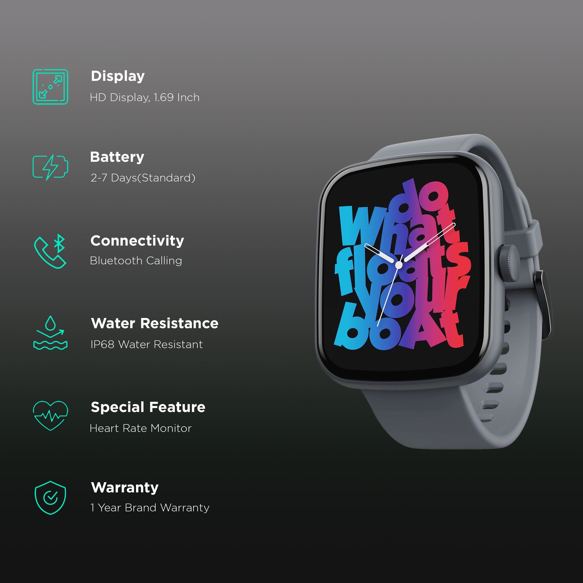 boAt Wave Beat Call Smartwatch with Bluetooth Calling (43mm HD Curved Display, IP68 Water Resistant, Grey Strap)_2