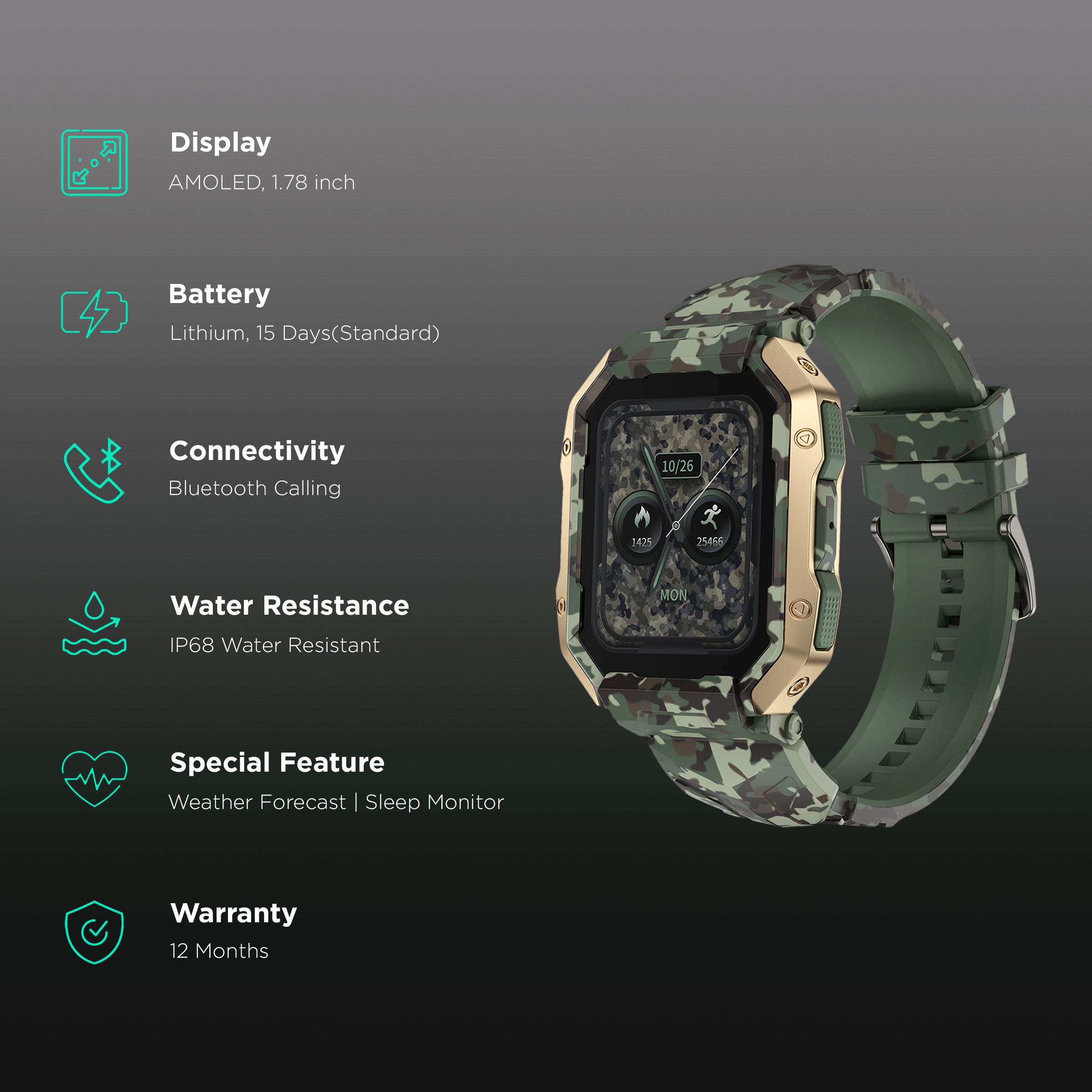 FIRE-BOLTT Cobra Smartwatch with Bluetooth Calling (45.21mm AMOLED Display, IP68 Water Resistant, Camo Green Strap) FIRE-BOLTT Cobra Smartwatch with Bluetooth Calling (45.21mm AMOLED Display, IP68 Water Resistant, Camo Green Strap)_2