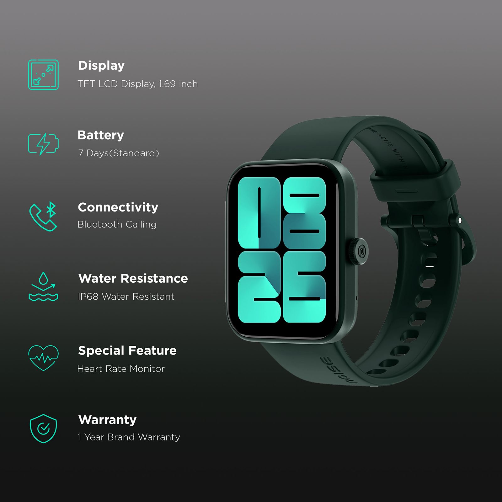 Noise ColorFit Caliber Buzz Smartwatch with Bluetooth Calling (42.9mm TFT Display, IP68 Water Resistant, Olive Green Strap)_2
