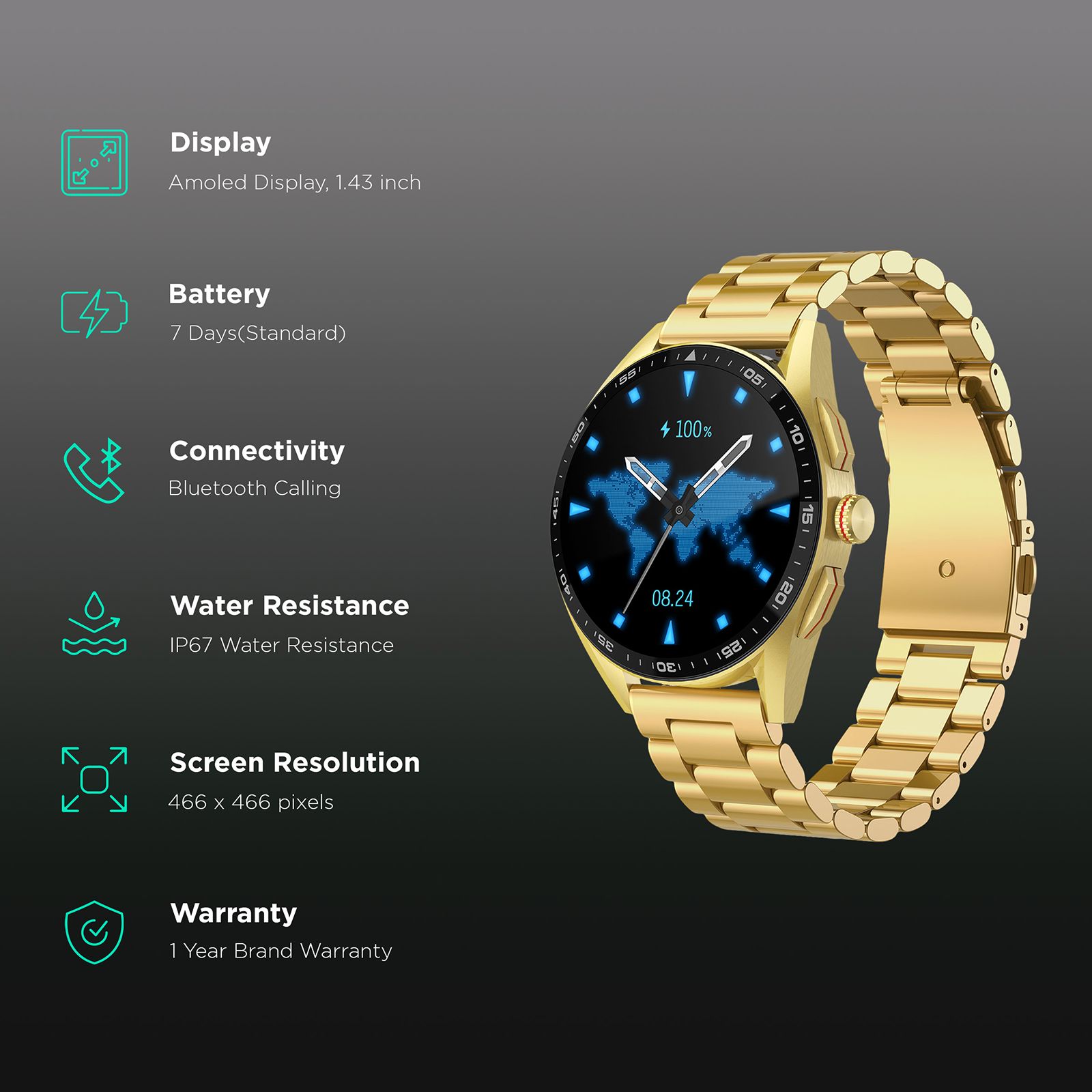 Fire-Boltt Invincible Plus Smartwatch with Bluetooth Calling (36.32mm AMOLED Display, IP67 Water Resistant, Gold Strap)_2