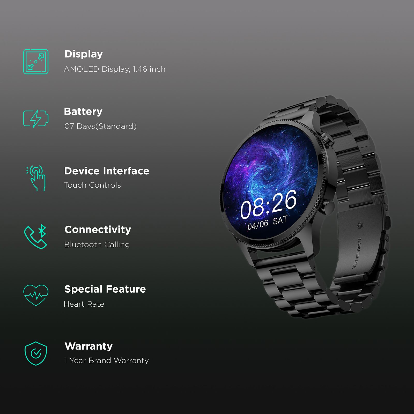 noise NoiseFit Halo Plus Smartwatch with Bluetooth Calling (37.08mm AMOLED Display, IP68 Water Resistant, Elite Black Strap)_2