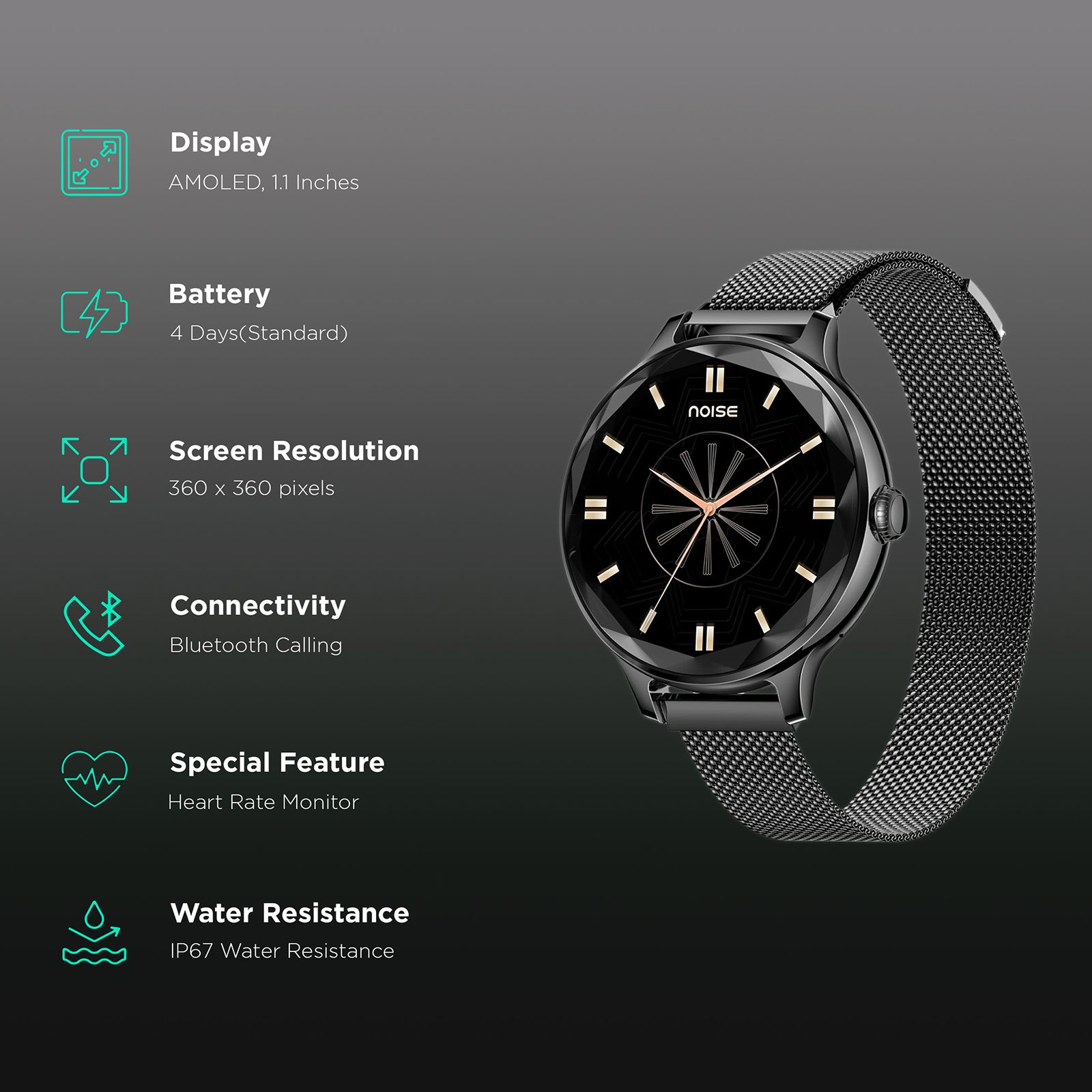 noise NoiseFit Diva Smartwatch with Bluetooth Calling (27.9mm AMOLED Display, IP67 Water Resistant, Black Link Strap) noise NoiseFit Diva Smartwatch with Bluetooth Calling (27.9mm AMOLED Display, IP67 Water Resistant, Black Link Strap)_2