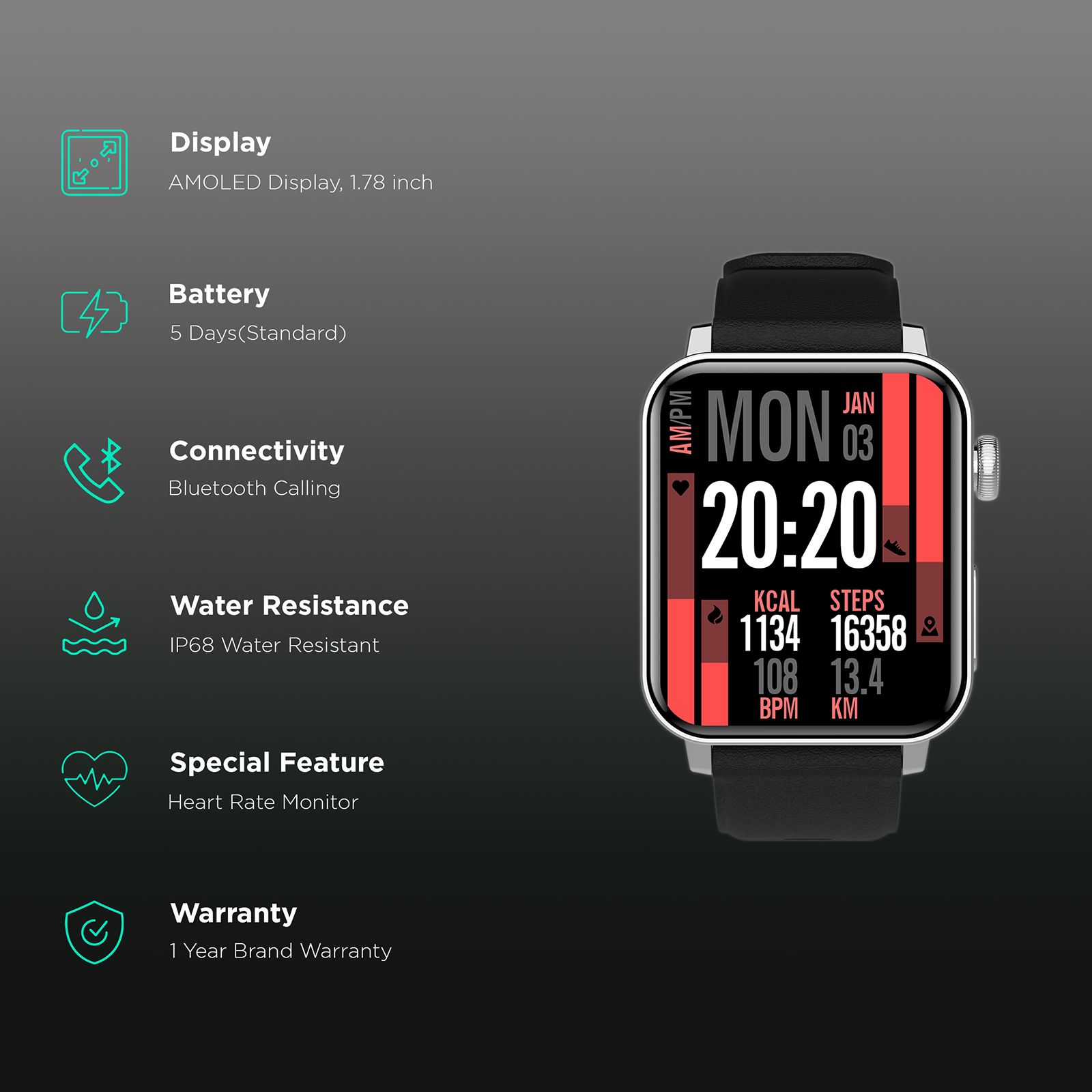 Croma Velocity AM Smartwatch with Bluetooth Calling (1.78 inches, AMOLED Display, IP68 Water Resistant, Silicone Strap) Croma Velocity AM Smartwatch with Bluetooth Calling (1.78 inches, AMOLED Display, IP68 Water Resistant, Silicone Strap)_2