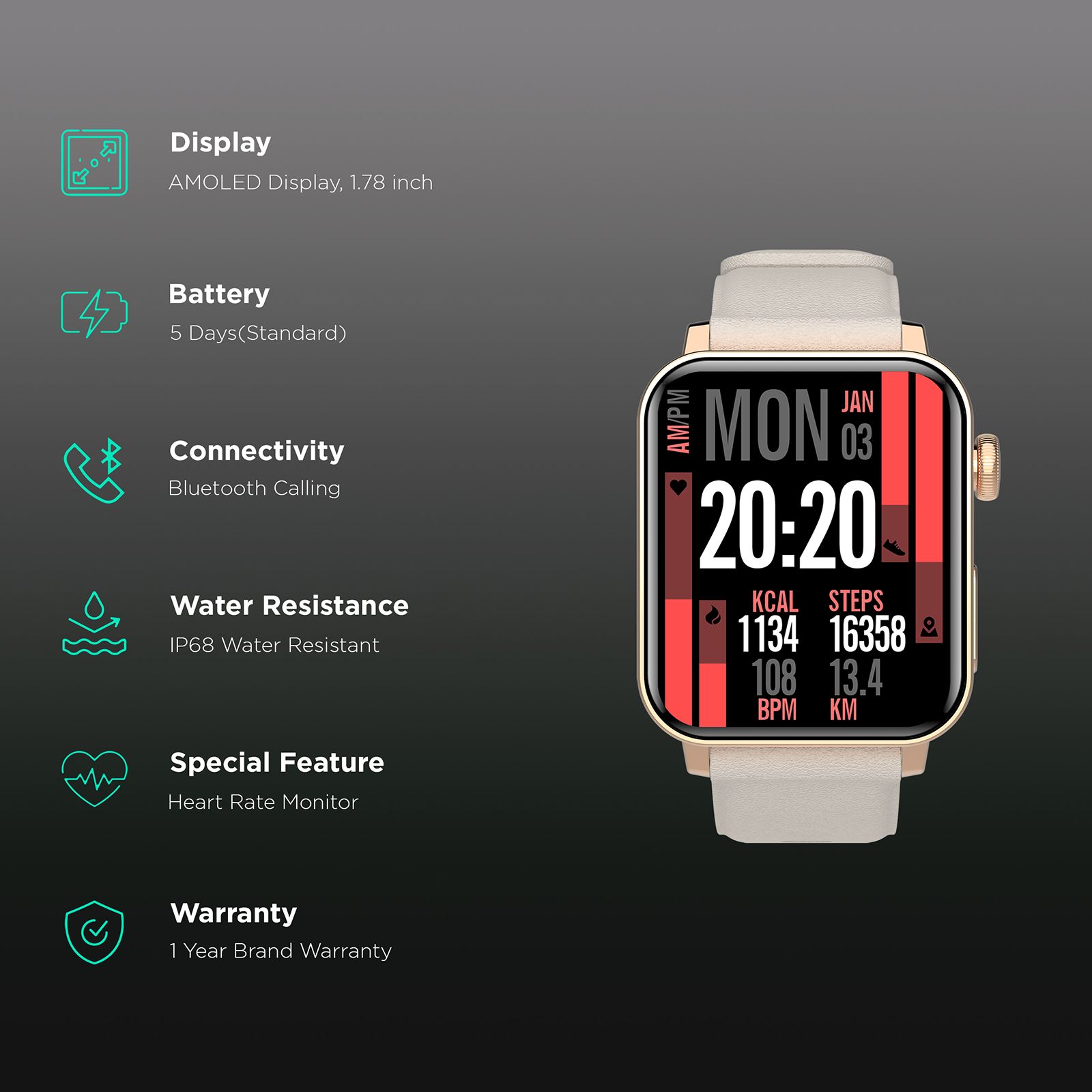 Croma Velocity AM Smartwatch with Bluetooth Calling (1.78 inches, AMOLED Display, IP68 Water Resistant, Gold Strap)_2