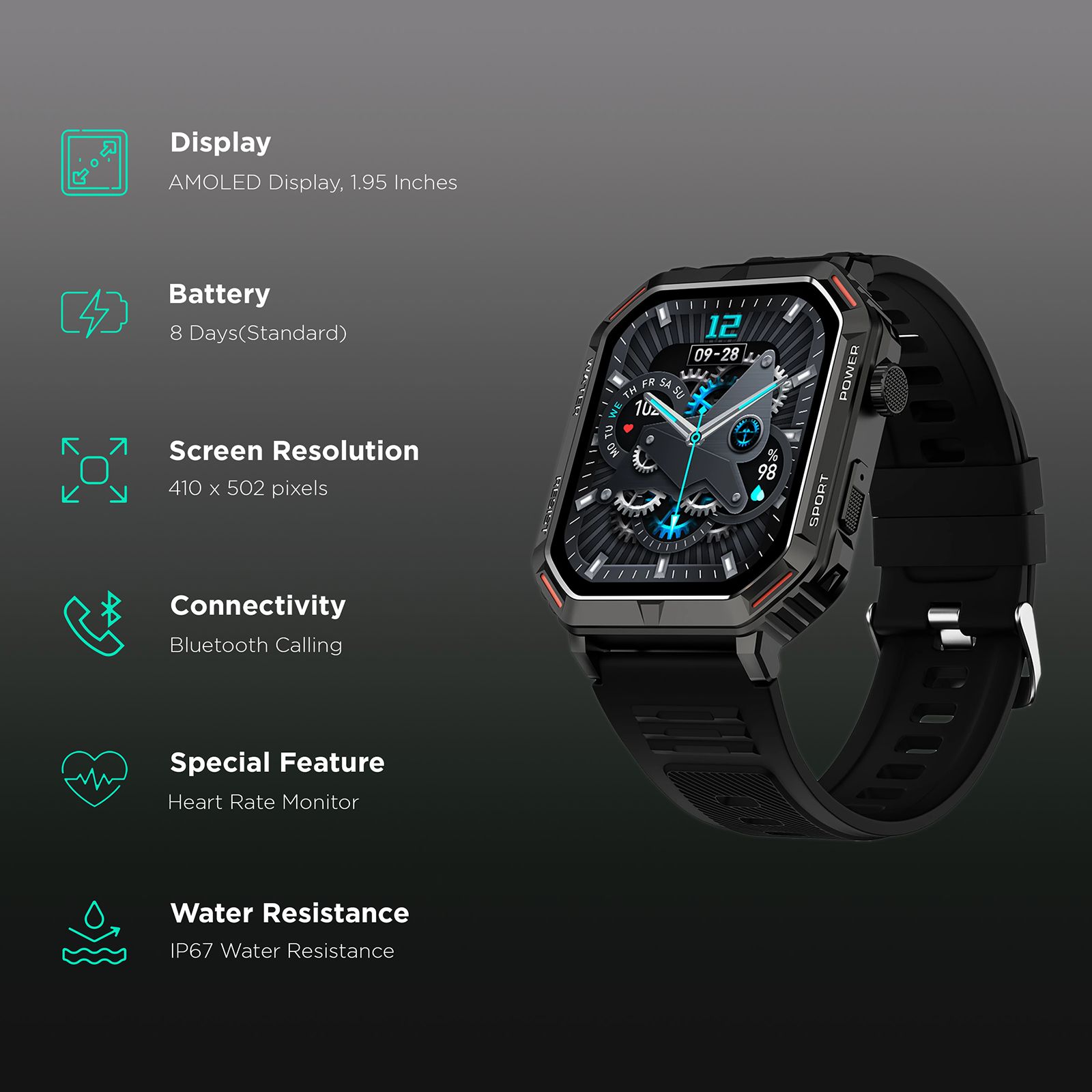 FIRE-BOLTT Commando Smartwatch with Bluetooth Calling (49.5mm AMOLED Display, IP68 Water Resistant, Silver Black Strap)_2