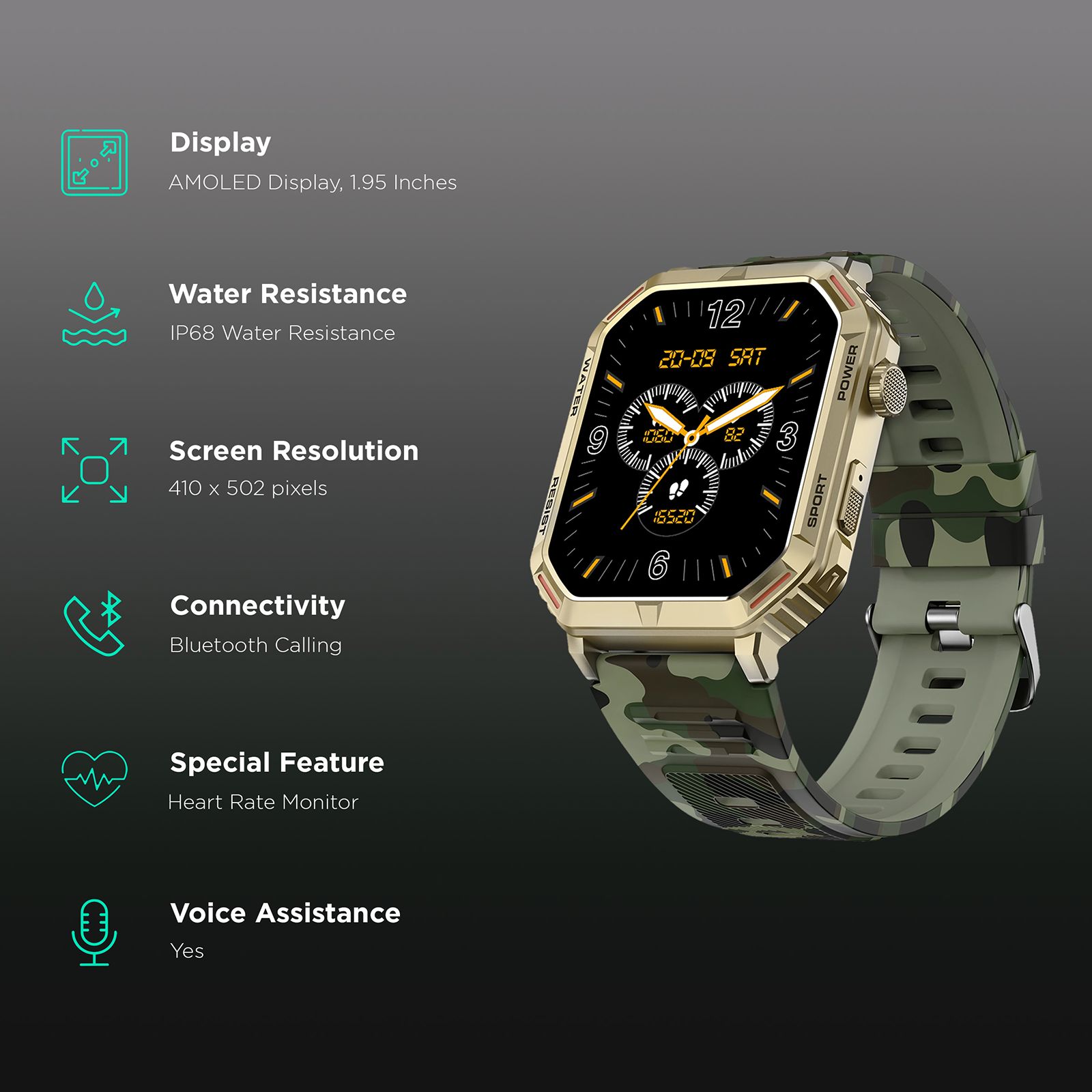 FIRE-BOLTT Commando Smartwatch with Bluetooth Calling (49.5mm AMOLED Display, IP68 Water Resistant, Camo Green Strap)_2