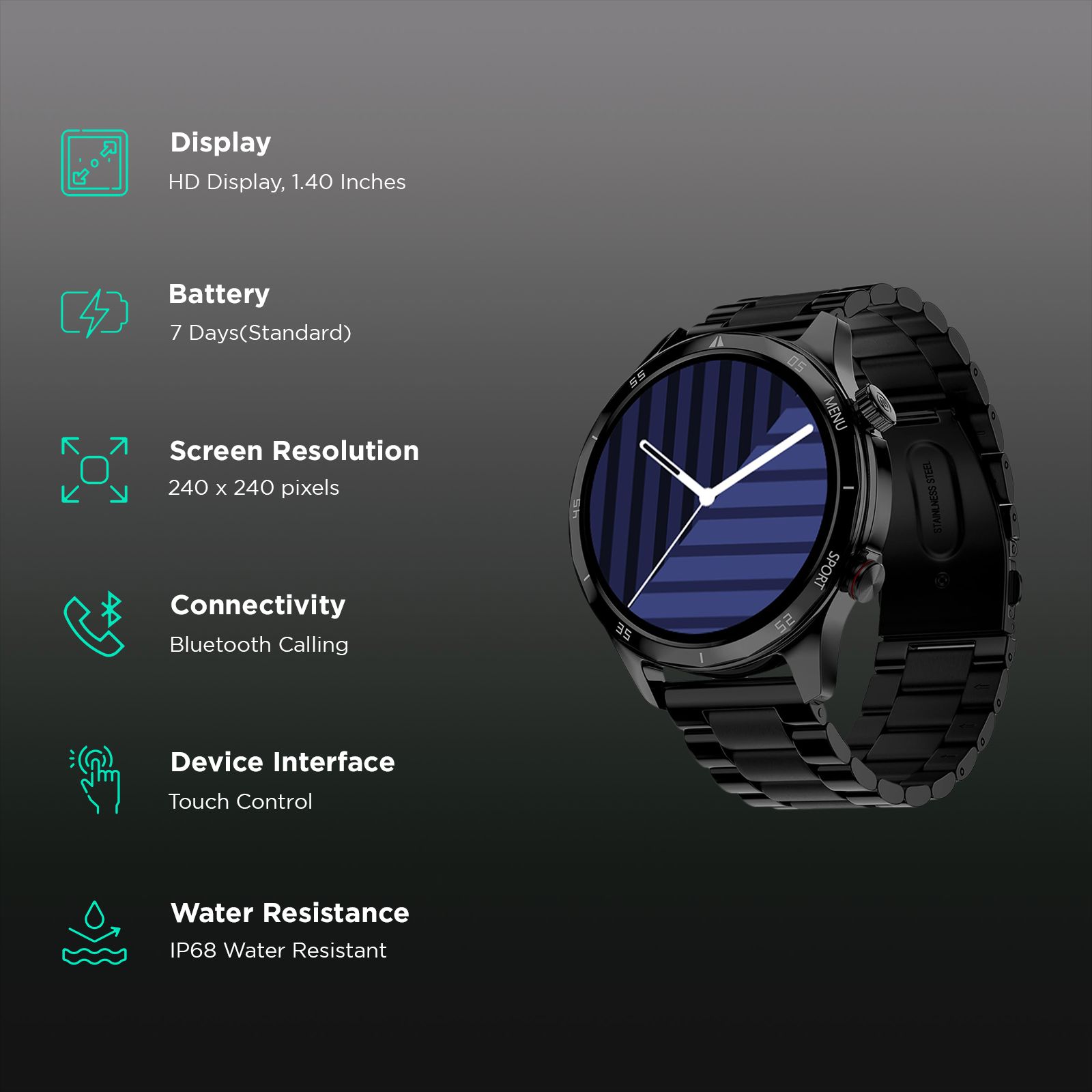 noise NoiseFit Mettalix Smartwatch with Bluetooth Calling (35.5mm HD Display, IP68 Water Resistant, Elite Black Strap)_2