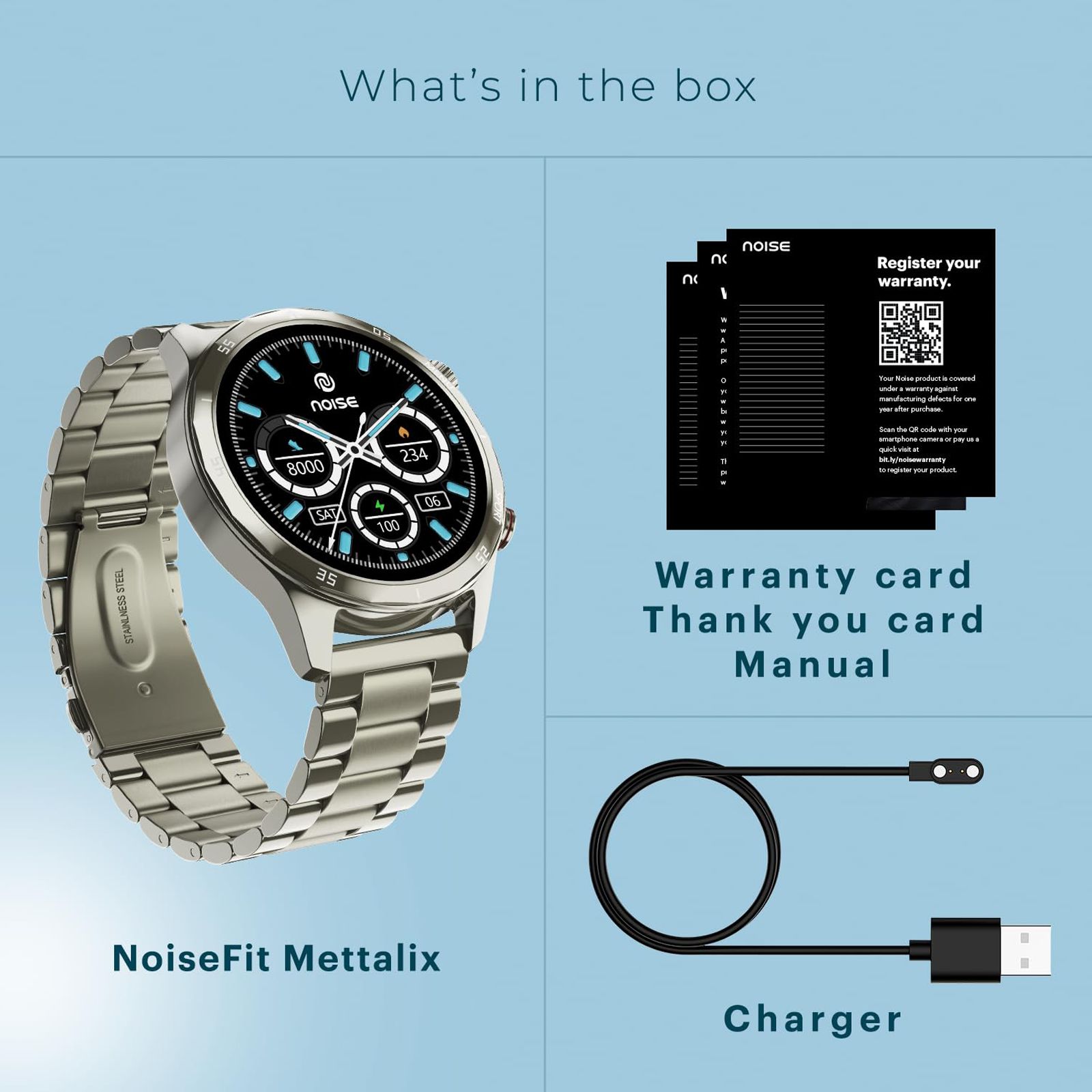 noise NoiseFit Mettalix Smartwatch with Bluetooth Calling (35.5mm HD Display, IP68 Water Resistant, Elite Silver Strap)_6