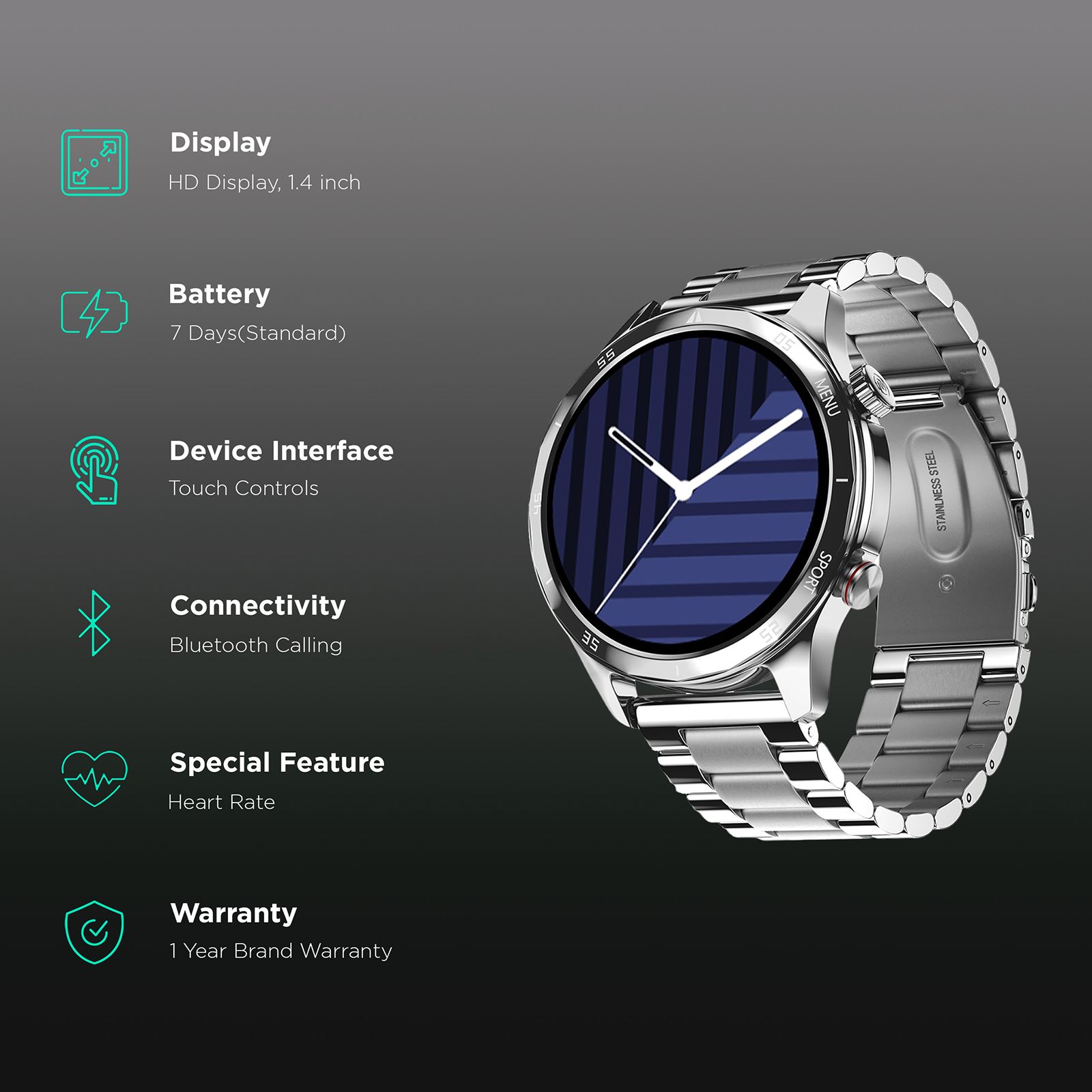noise NoiseFit Mettalix Smartwatch with Bluetooth Calling (35.5mm HD Display, IP68 Water Resistant, Elite Silver Strap)_2