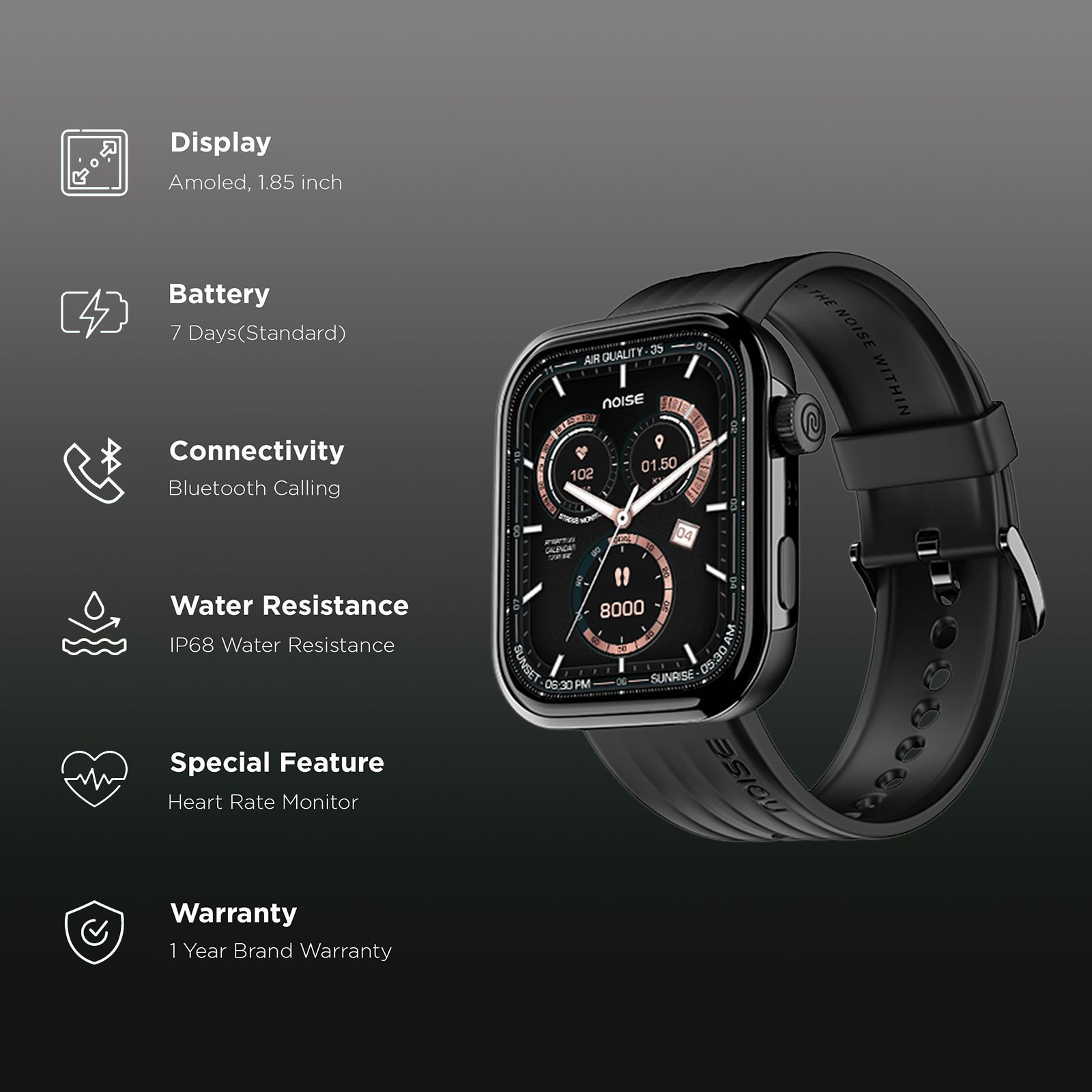 noise ColorFit Pro 5 Smartwatch with Bluetooth Calling (46.99mm AMOLED Display, IP68 Water Resistant, Midnight Black Strap)_2