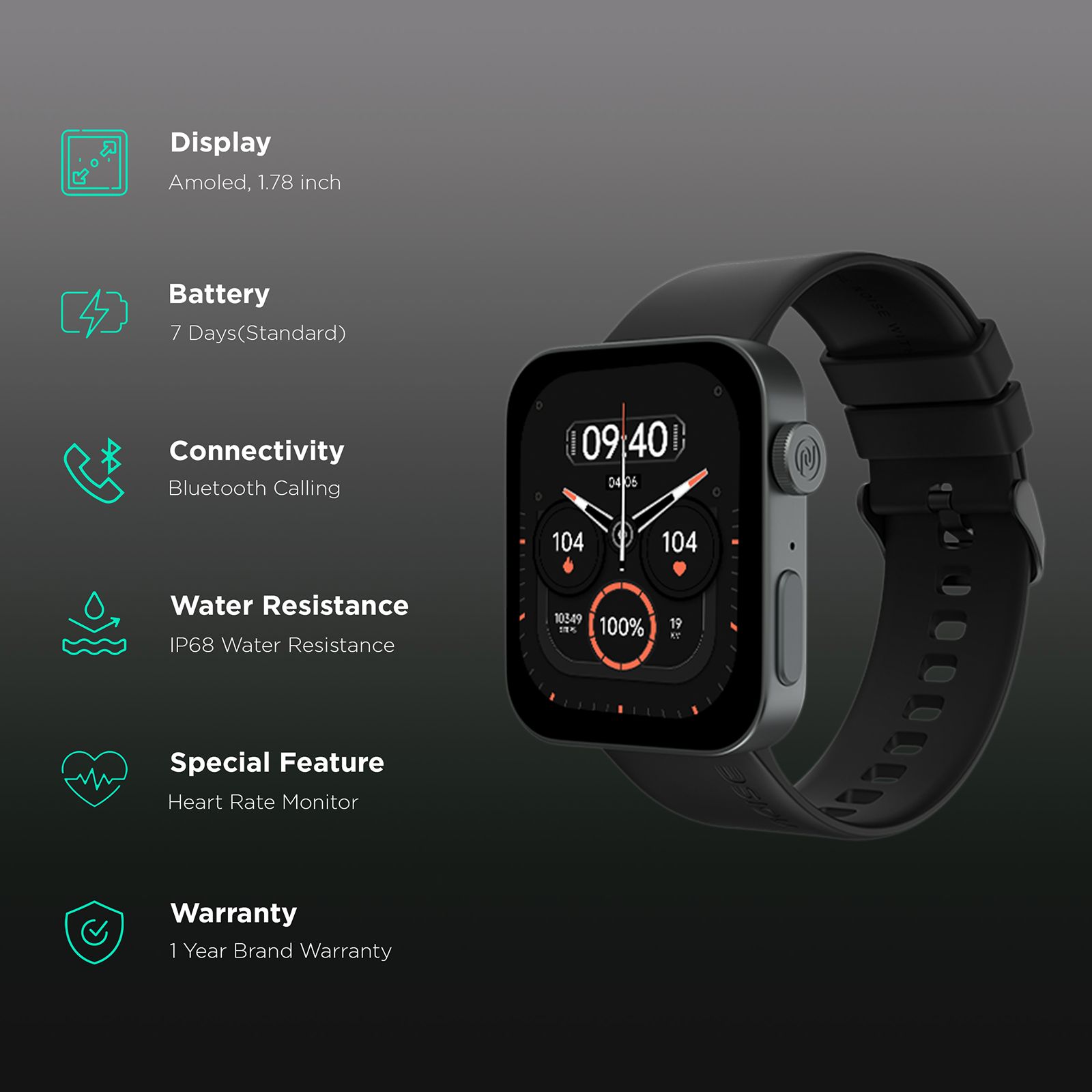 noise ColorFit Caliber 3 Smartwatch with Bluetooth Calling (45.2mm AMOLED Display, IP68 Water Resistant, Jet Black Strap)_2