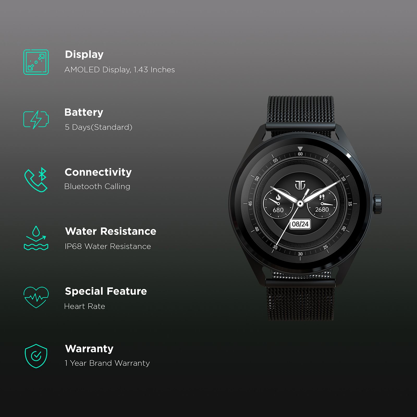 TITAN Crest Smartwatch with Bluetooth Calling (36.3mm AMOLED Display, IP68 Water Resistant, Black Mesh Strap)_2