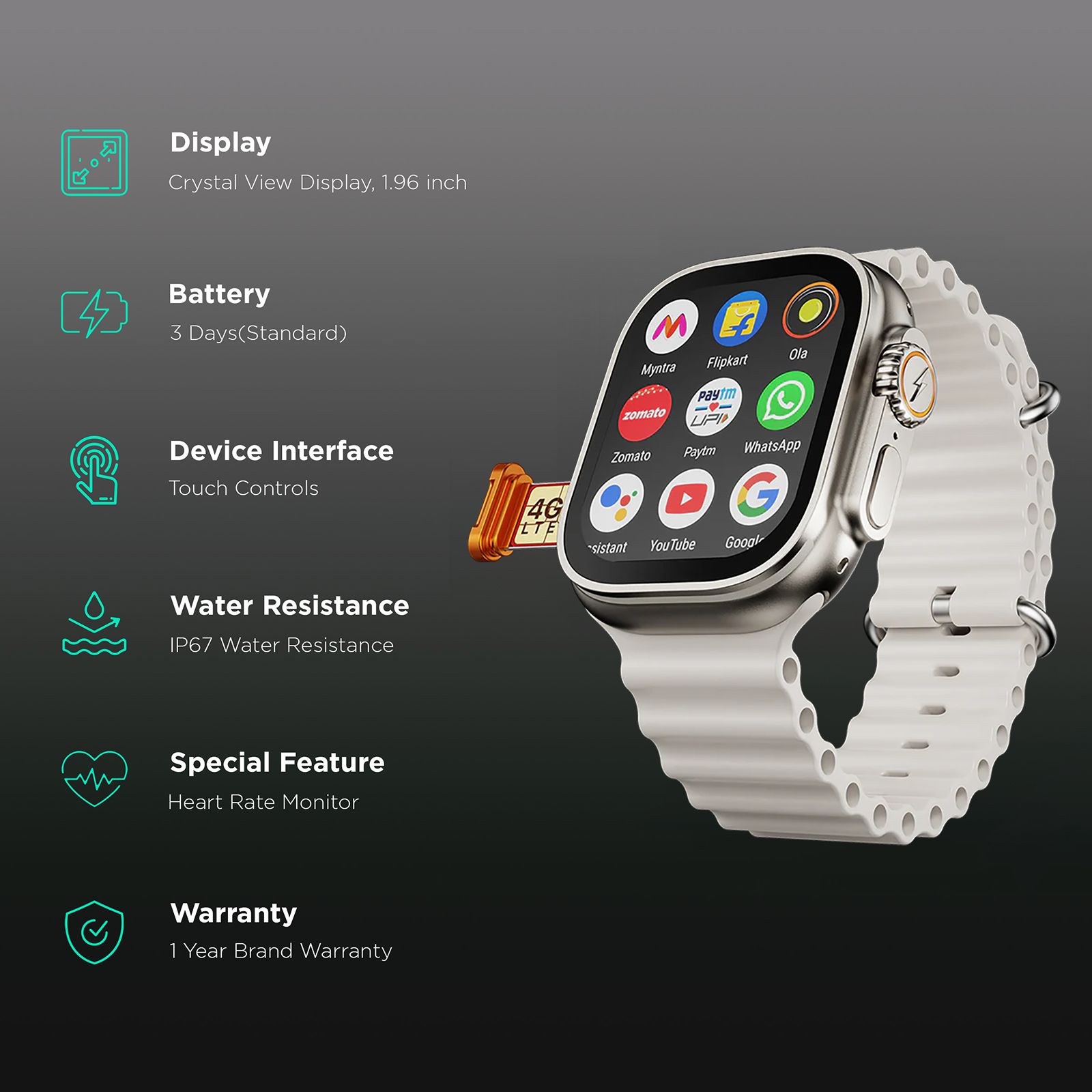 FIRE-BOLTT Oracle GPS+Wi-Fi+4G SIM+Bluetooth Android OS Wristphone (50mm Display, ARM CortexTM A53 MP, Play Store Unlimited Apps, Crystal Tide Strap)_2