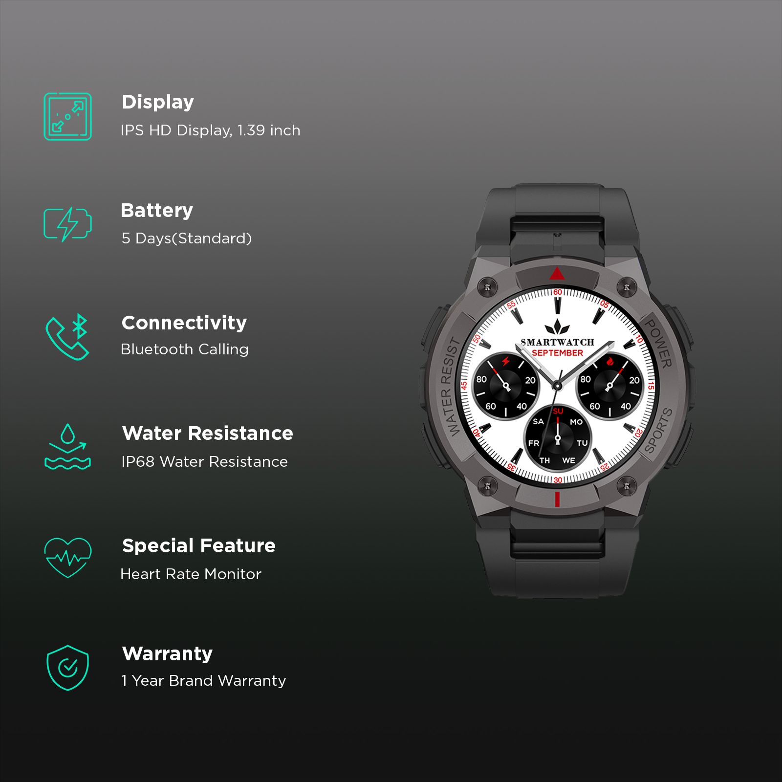 Croma Stride IR Smartwatch with Bluetooth Calling (1.39 inches, IPS Display, IP68 Water and Dust Resistant, Black Strap)_2