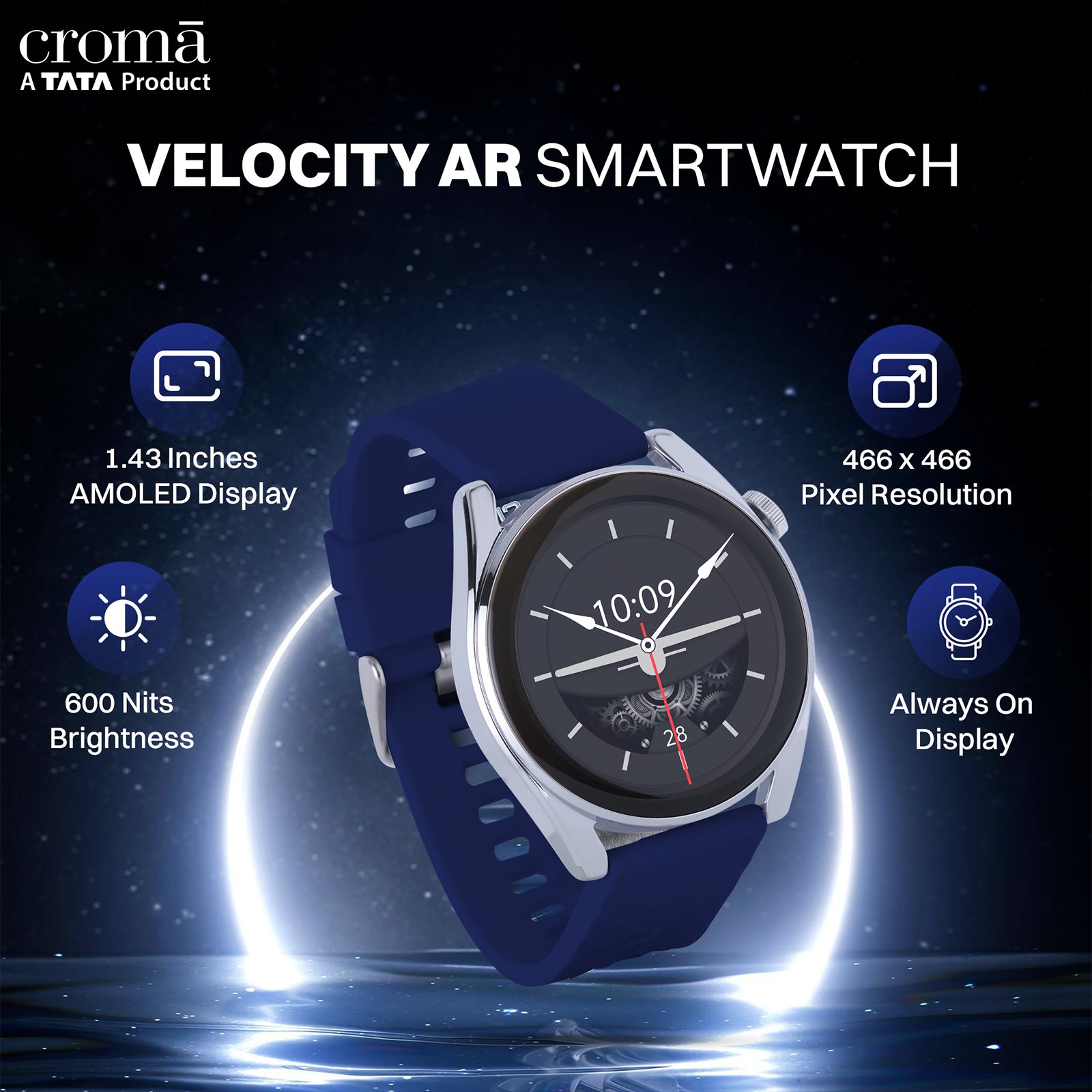 Croma Velocity AR Smartwatch with Bluetooth Calling (36.3mm AMOLED Display, IP68 Water Resistant, Blue Strap)_6