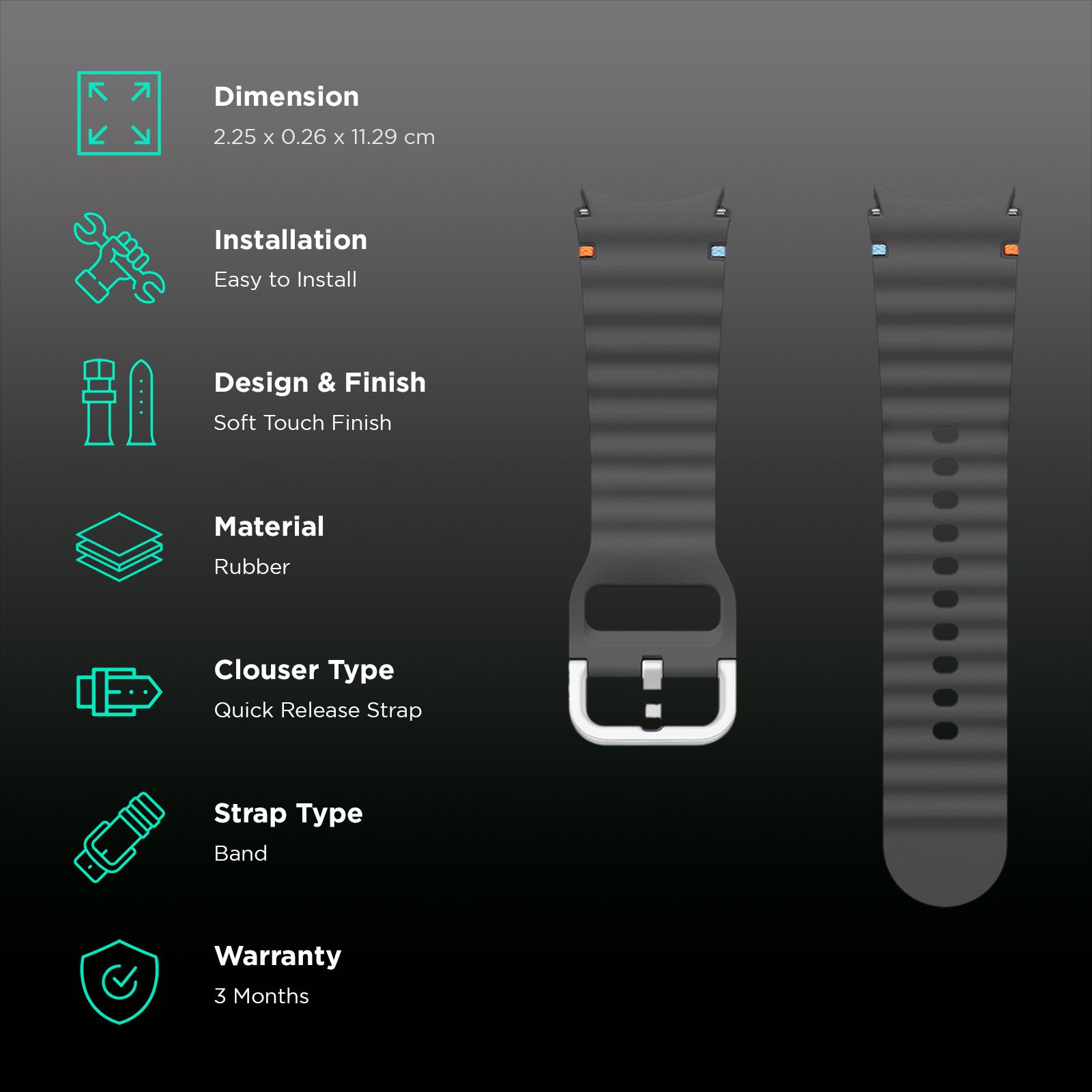 SAMSUNG HNBR Sport Band for SAMSUNG Galaxy Watch4, Galaxy Watch4 Classic, Galaxy Watch5, Galaxy Watch5 Pro, Galaxy Watch6, Galaxy Watch6 Classic & Galaxy Watch7 (22mm) (One-Click Button, Dark Gray)_2