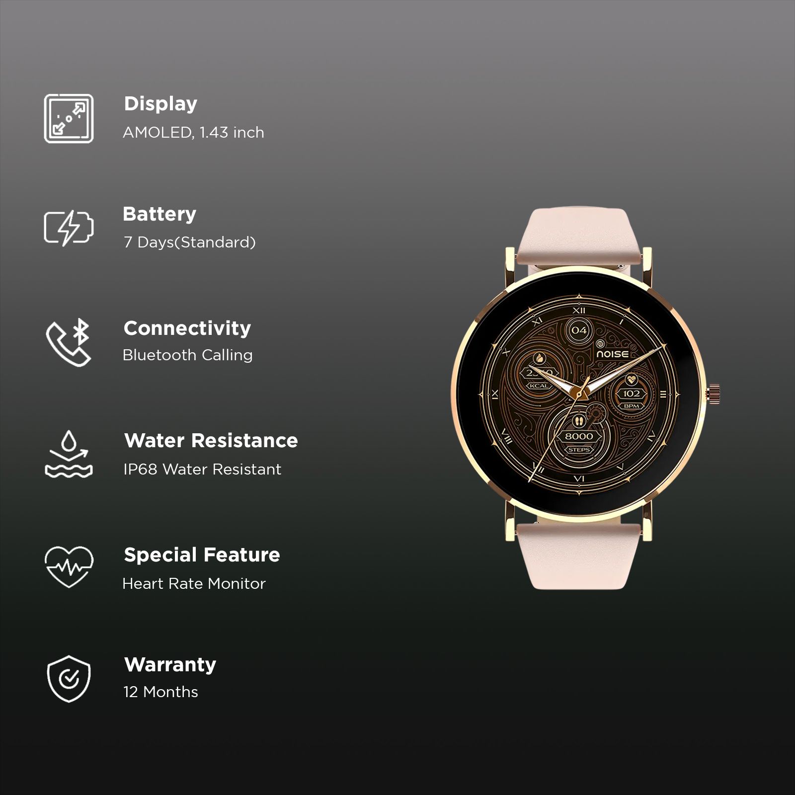 noise NoiseFit Diva 2 Smartwatch with Bluetooth Calling (36mm AMOLED Display, IP68 Water Resistant, Rose Pink Strap)_3