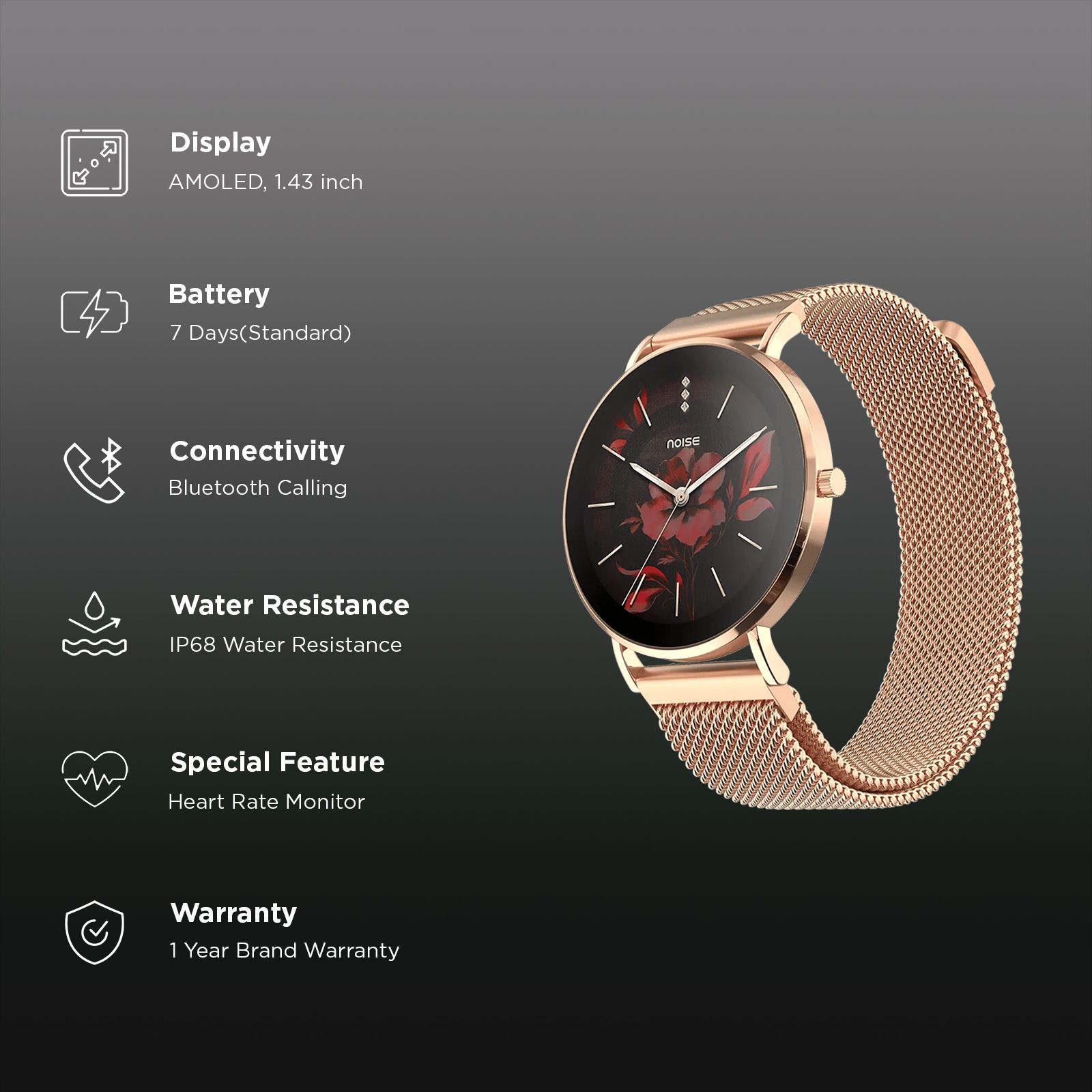 noise NoiseFit DIva 2 Smartwatch with Bluetooth Calling (36mm AMOLED Display, IP68 Water Resistant, Rose Link Strap)_3