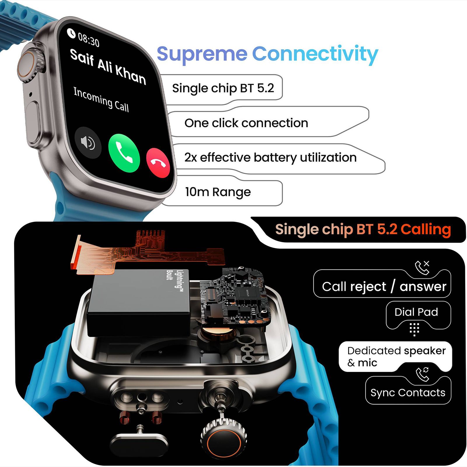 GOBOULT Crown Bluetooth Calling Android OS Smartwatch (49.5mm HD Display, Working Crown, Blue Strap)_9