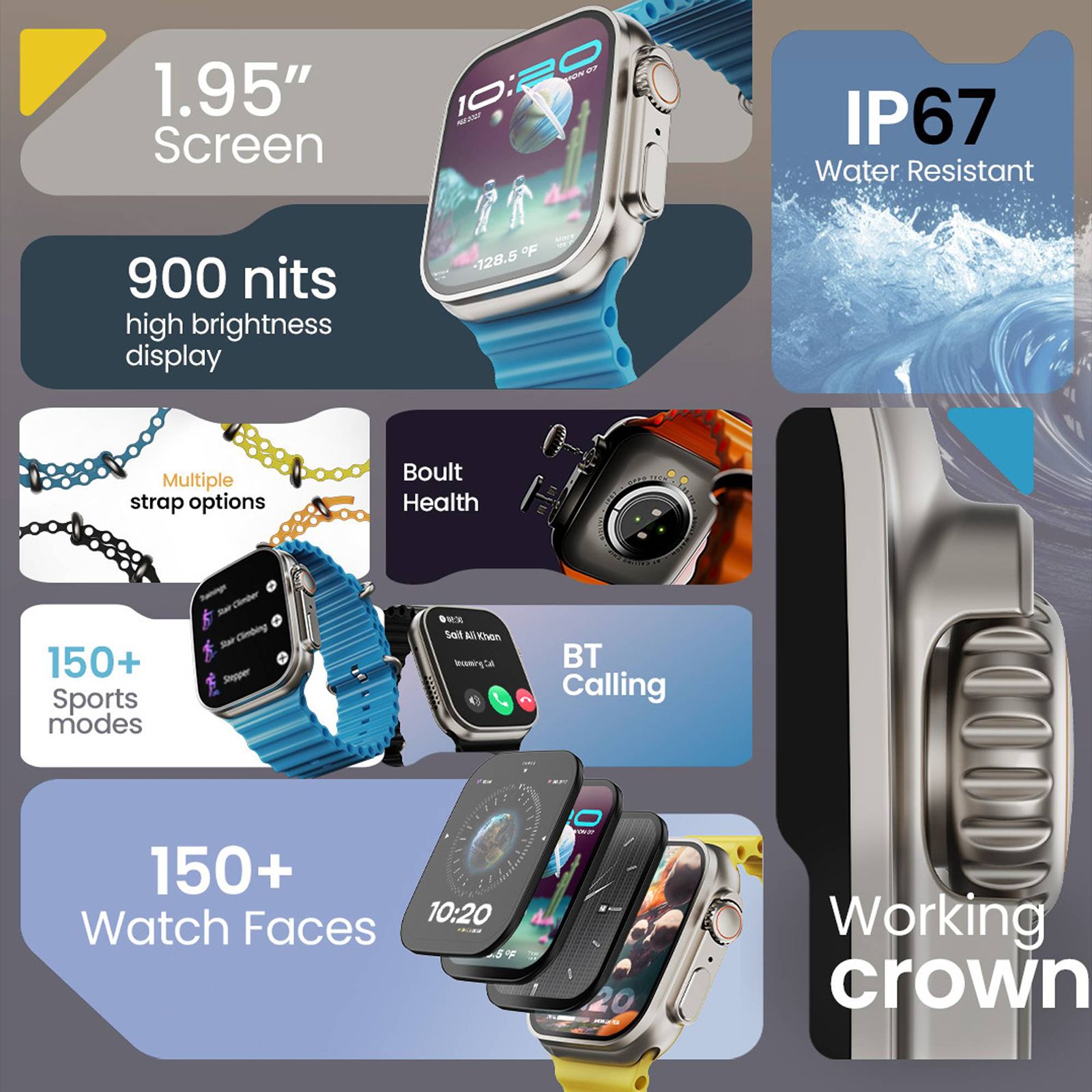 GOBOULT Crown Bluetooth Calling Android OS Smartwatch (49.5mm HD Display, Working Crown, Blue Strap)_4