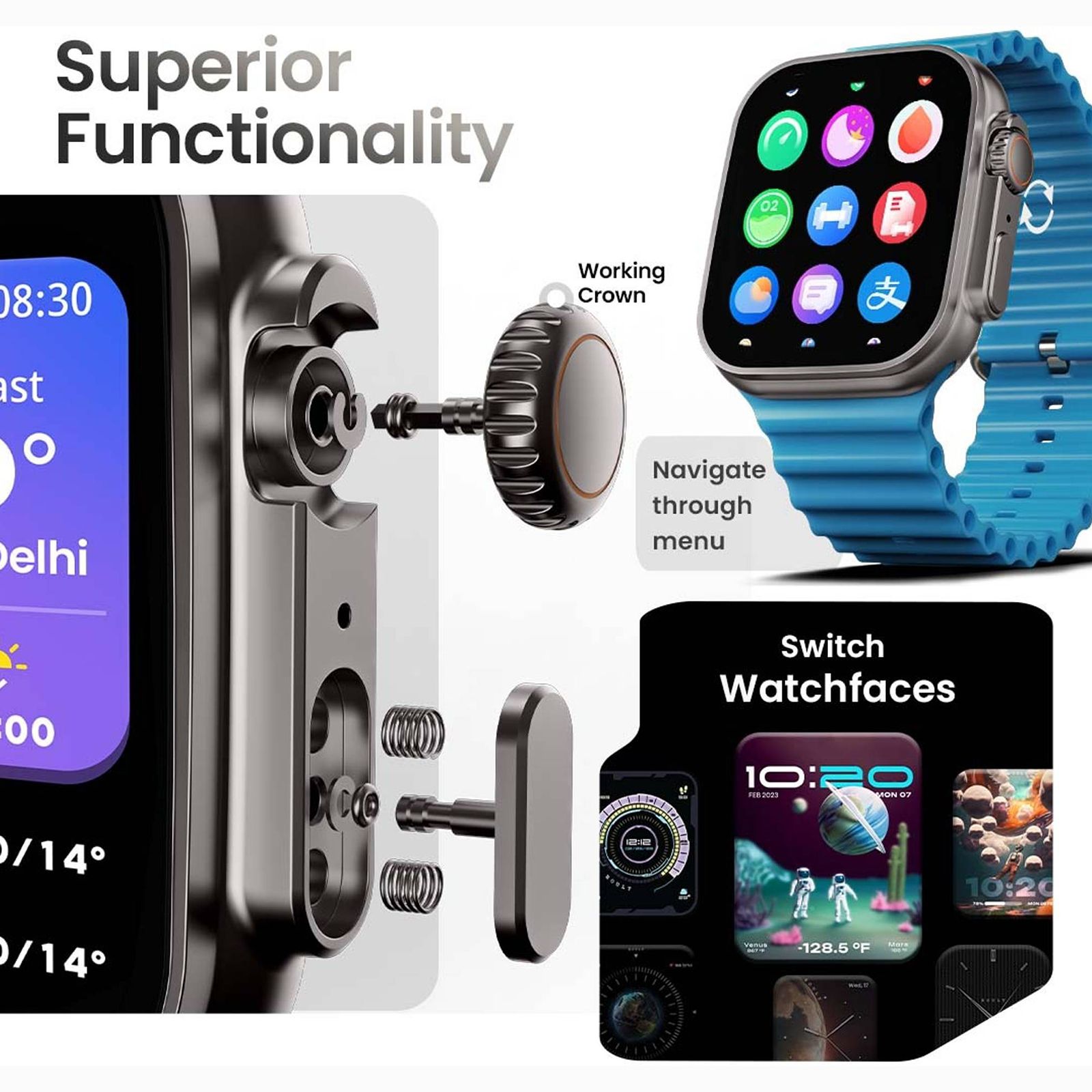 GOBOULT Crown Bluetooth Calling Android OS Smartwatch (49.5mm HD Display, Working Crown, Blue Strap)_7