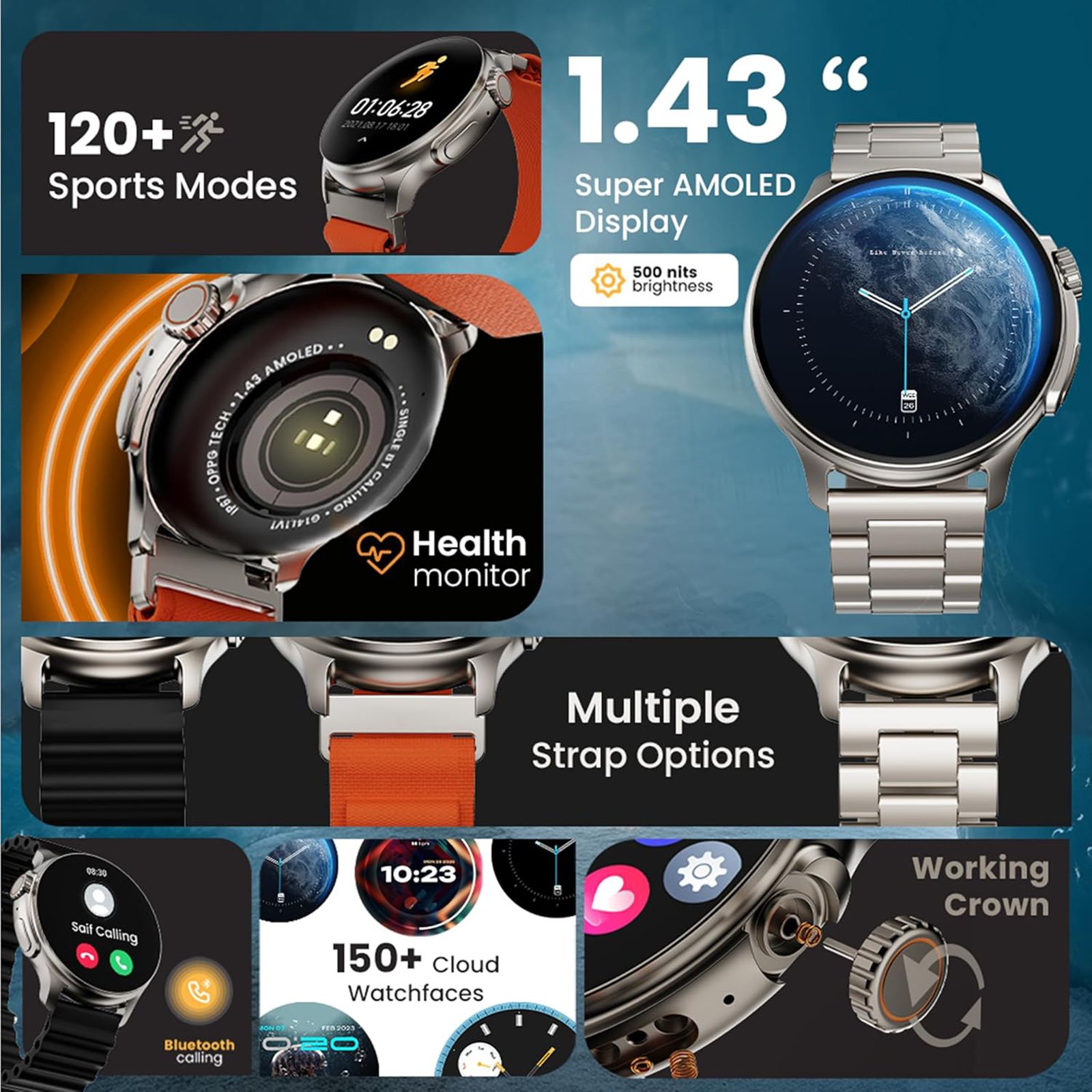 GOBOULT Crown R Pro Bluetooth Calling Android OS Smartwatch (36.3mm Super AMOLED Display, Working Crown, Silver Strap)_6