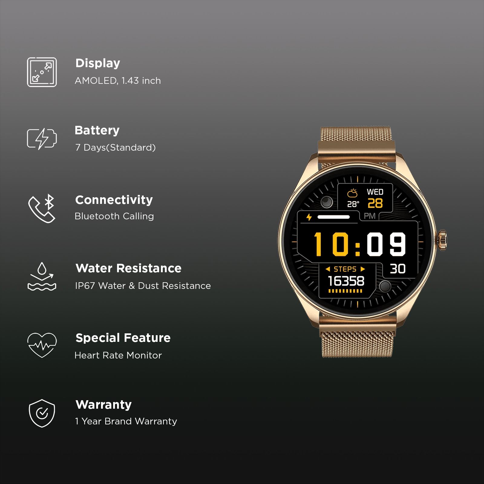 noise NoiseFit Twist 2 Smartwatch with Bluetooth Calling (36.32mm, AMOLED Display, IP67 Water Resistant, Gold Link Strap)_3