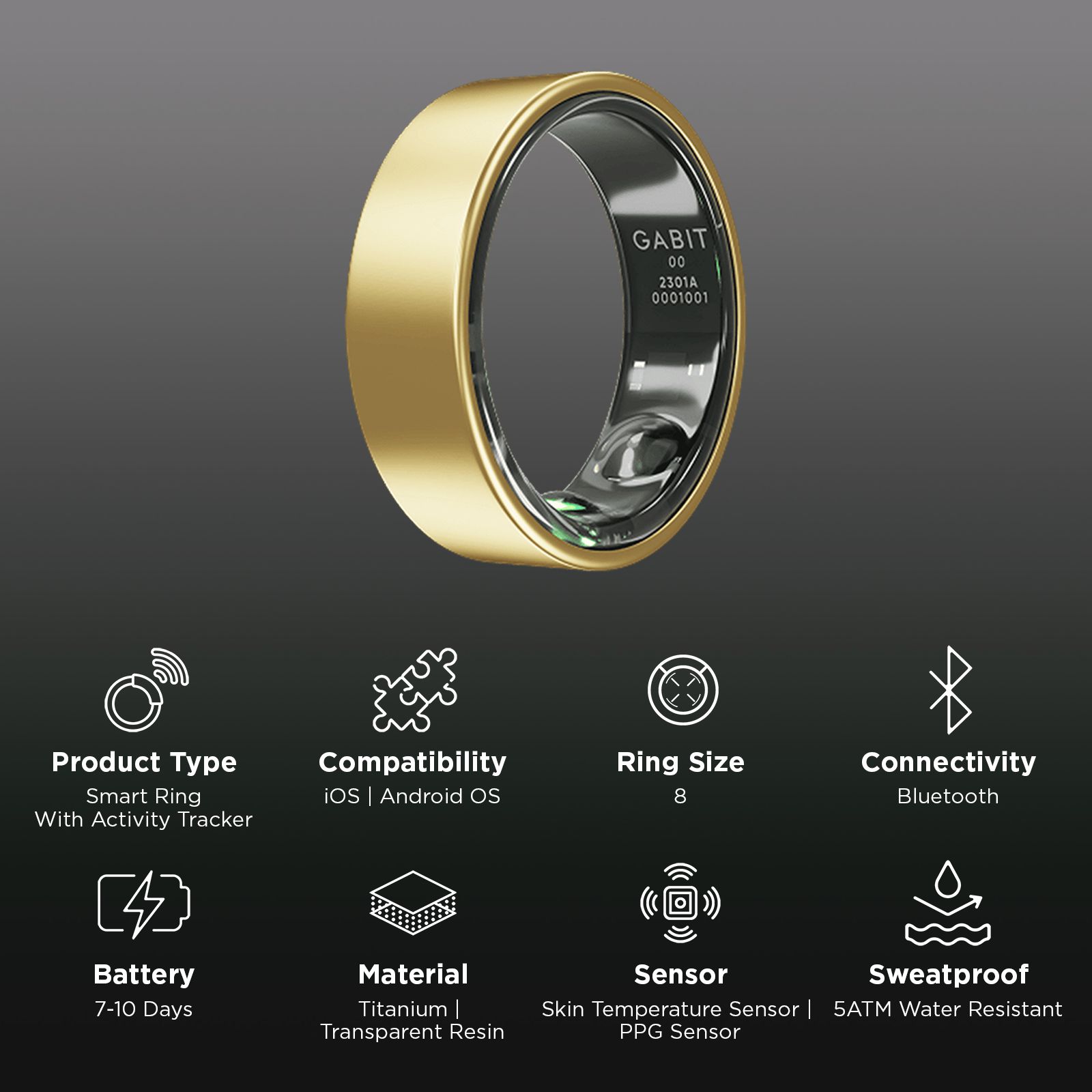 GABIT GSR0108G Smart Ring with AI Powered Health Insights (Size 8, Skin Temperature Sensor, Gold) GABIT GSR0108G Smart Ring with AI Powered Health Insights (Size 8, Skin Temperature Sensor, Gold)_2