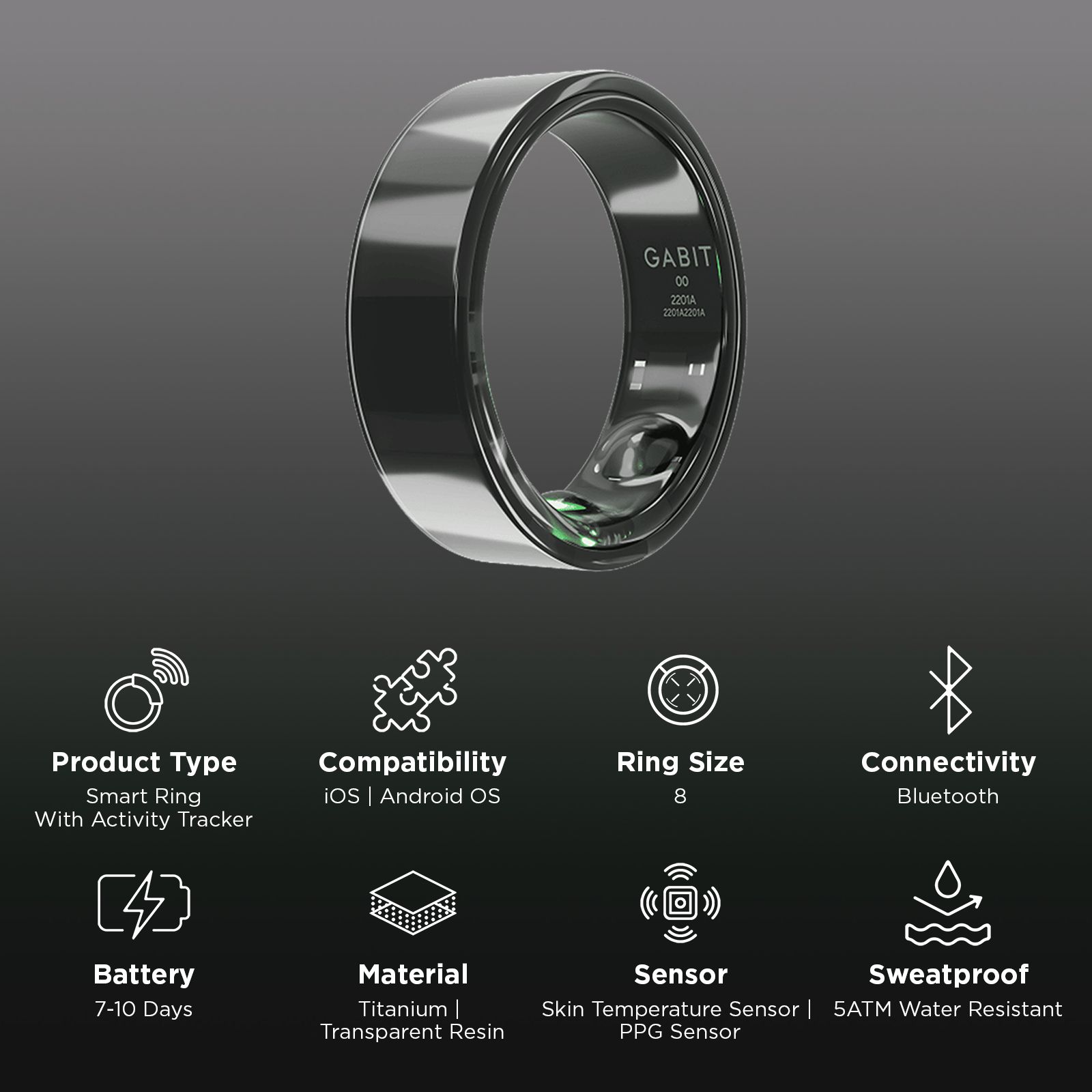 GABIT GSR0108GB Smart Ring with AI Powered Health Insights (Size 8, Skin Temperature Sensor, Graphite Black) GABIT GSR0108GB Smart Ring with AI Powered Health Insights (Size 8, Skin Temperature Sensor, Graphite Black)_2