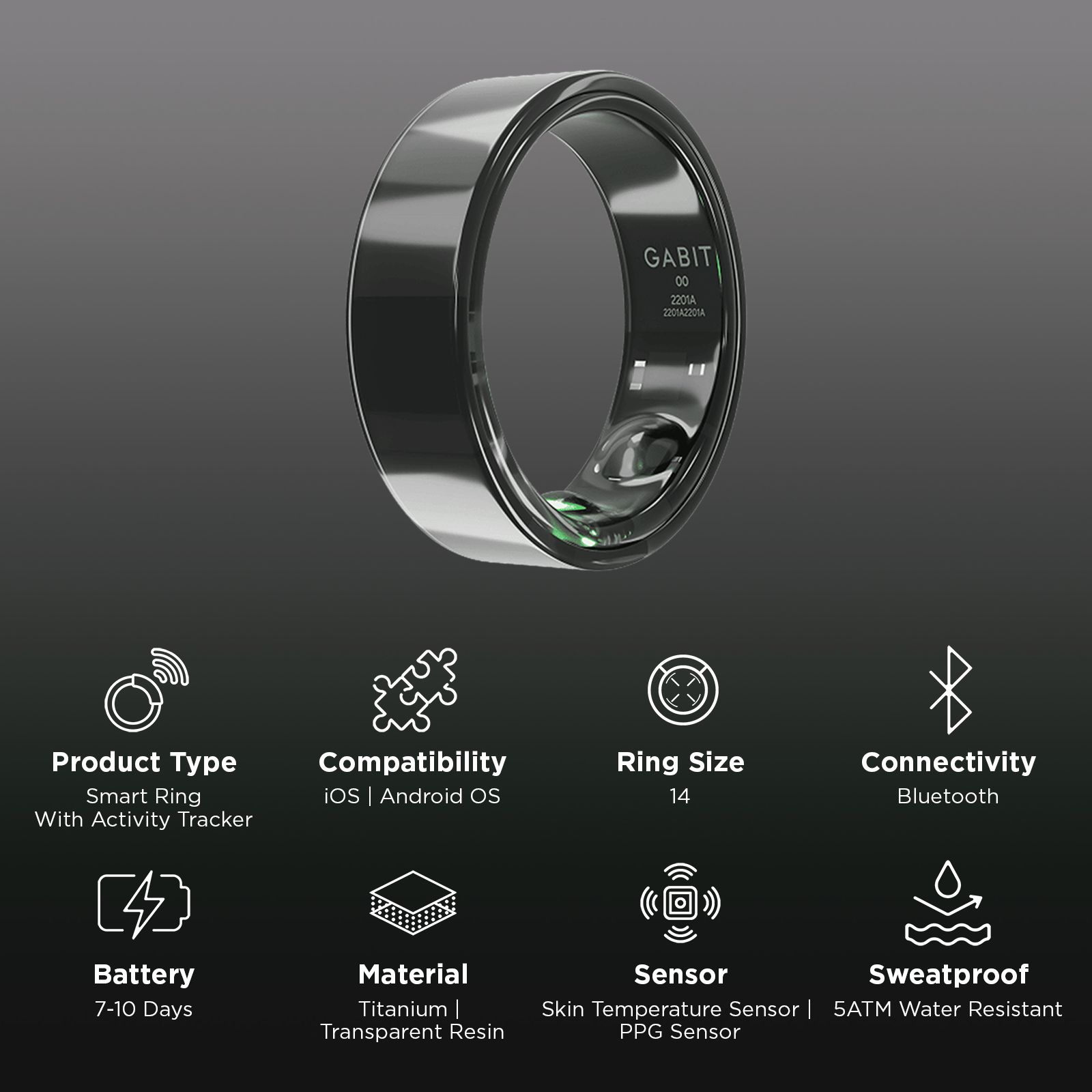 GABIT GSR0114GB Smart Ring with AI Powered Health Insights (Size 14, Skin Temperature Sensor, Graphite Black)_2