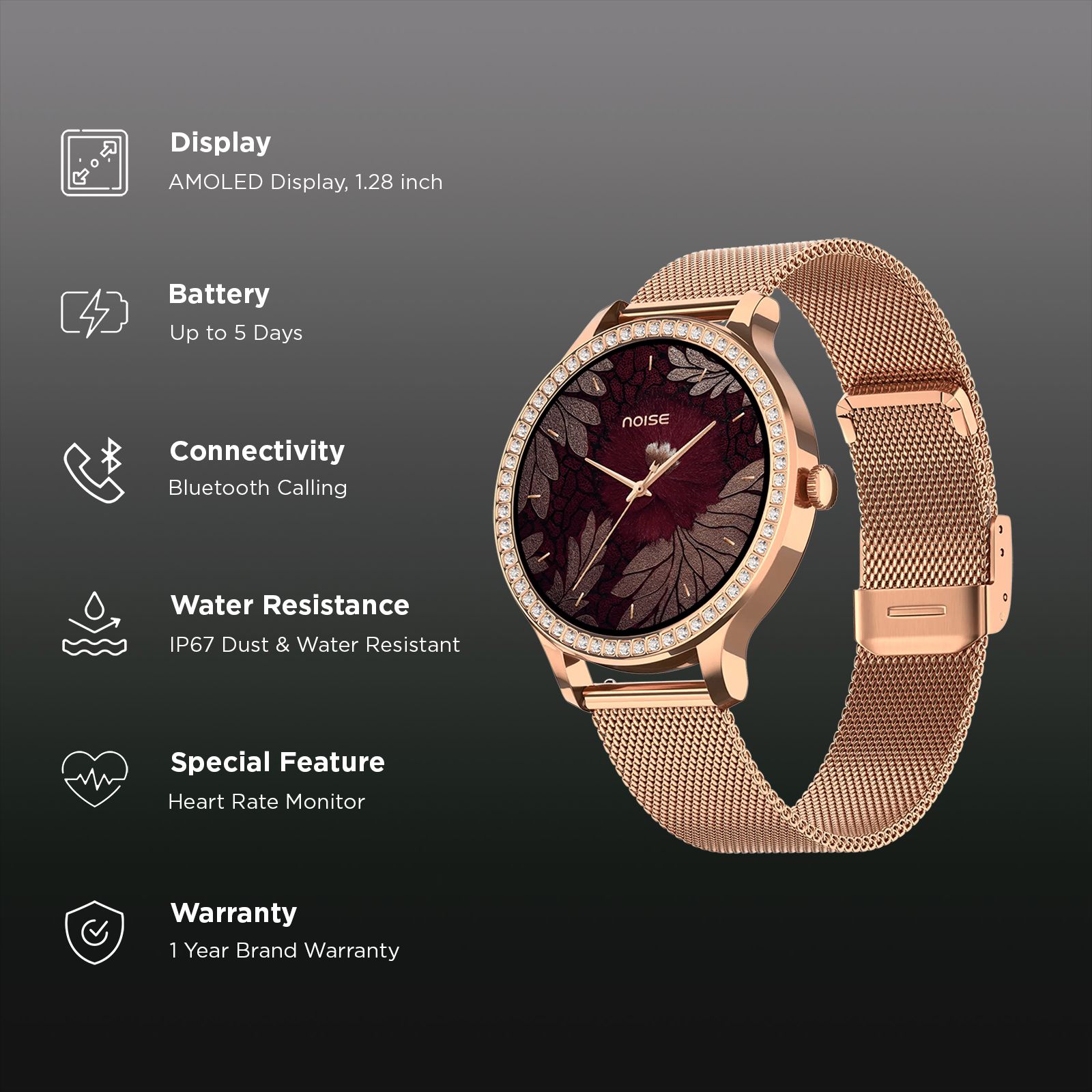 noise NoiseFit Diva Araya Smartwatch with Bluetooth Calling (32.51mm AMOLED Display, IP67 Dust & Water Resistance, Rose Gold Link Strap)_2