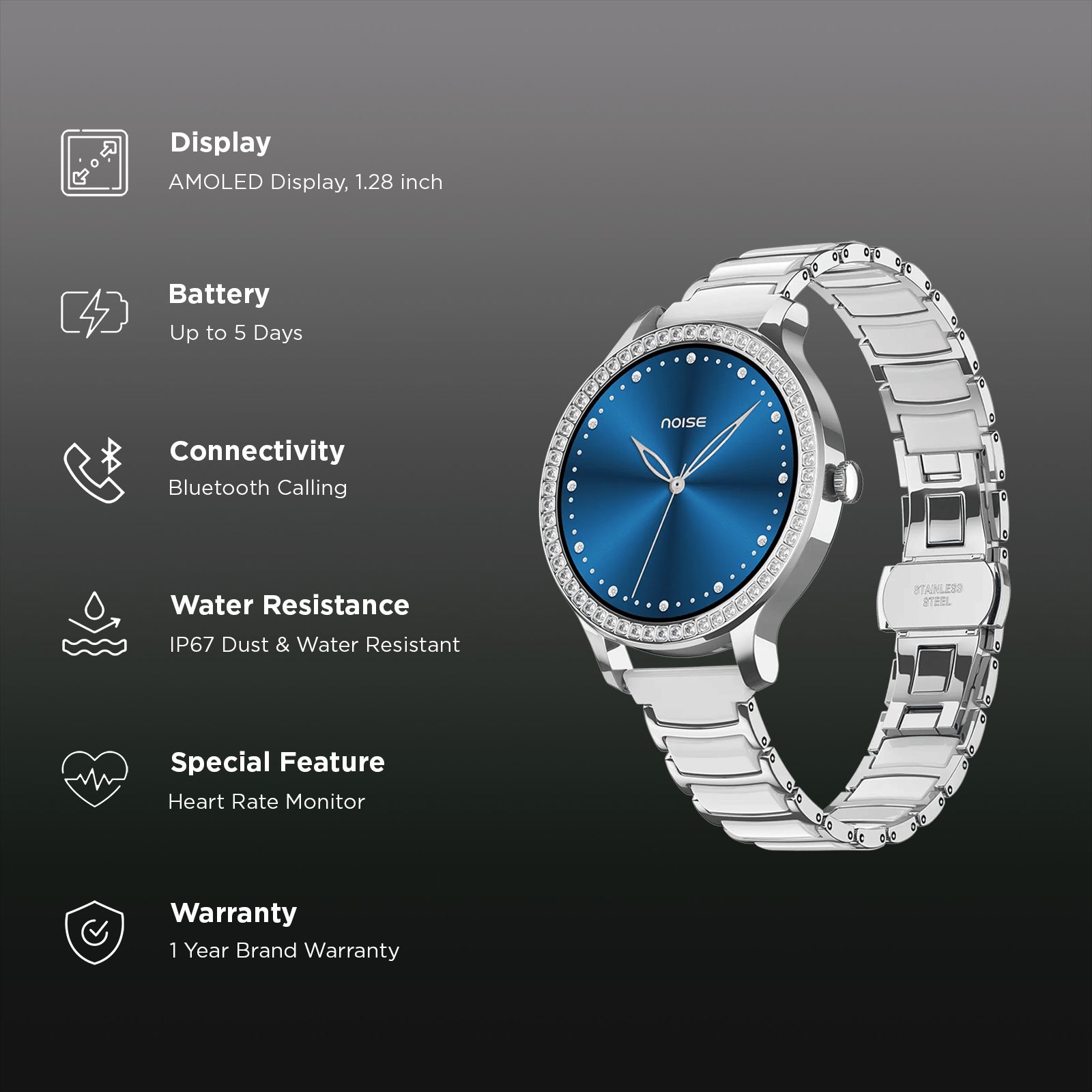 noise NoiseFit Diva Araya Smartwatch with Bluetooth Calling (32.51mm AMOLED Display, IP67 Dust & Water Resistance, Frost Silver Ceramic Strap) noise NoiseFit Diva Araya Smartwatch with Bluetooth Calling (32.51mm AMOLED Display, IP67 Dust & Water Resistance, Frost Silver Ceramic Strap)_2