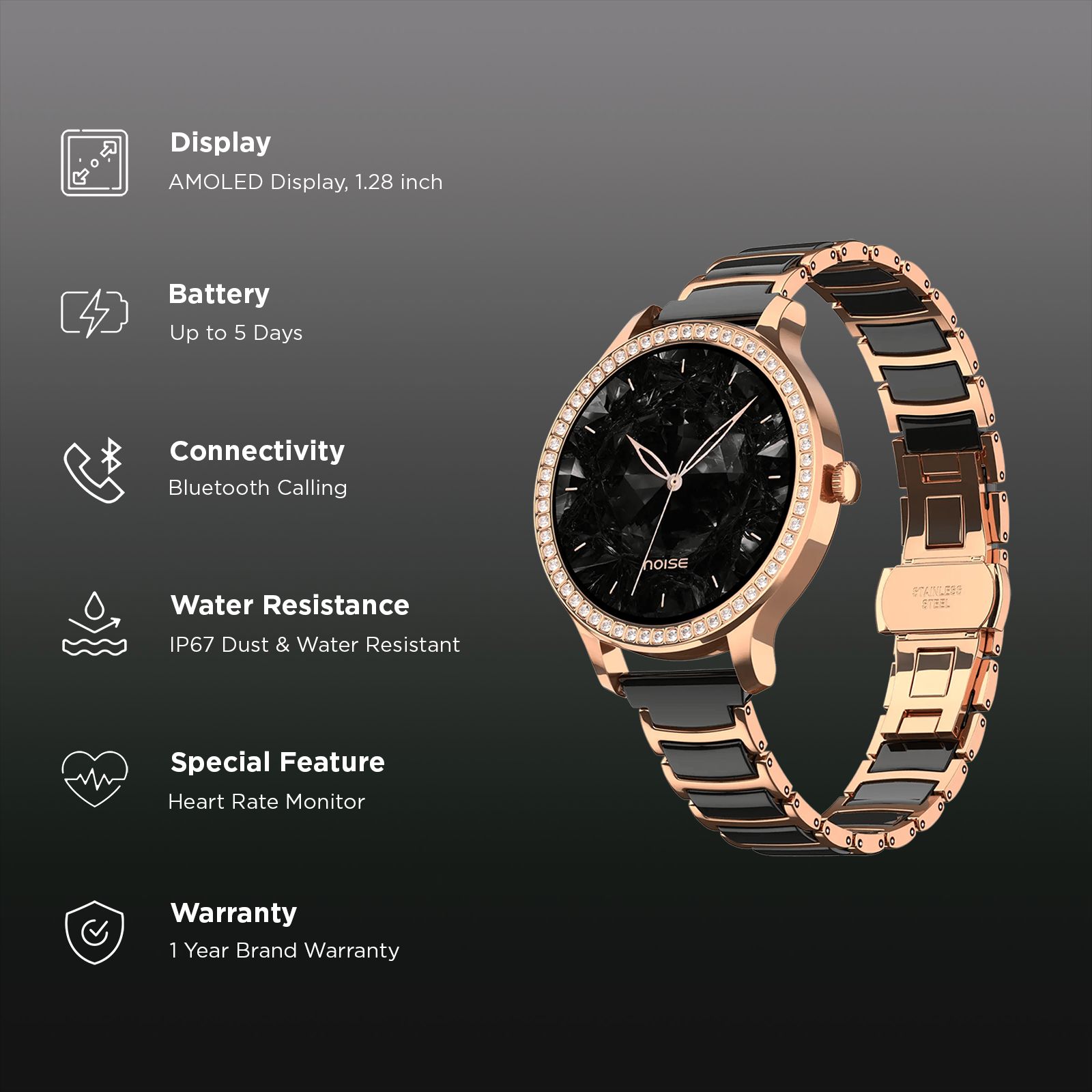 noise NoiseFit Diva Araya Smartwatch with Bluetooth Calling (32.51mm AMOLED Display, IP67 Dust & Water Resistance, Rose Gold Ceramic Strap)_2