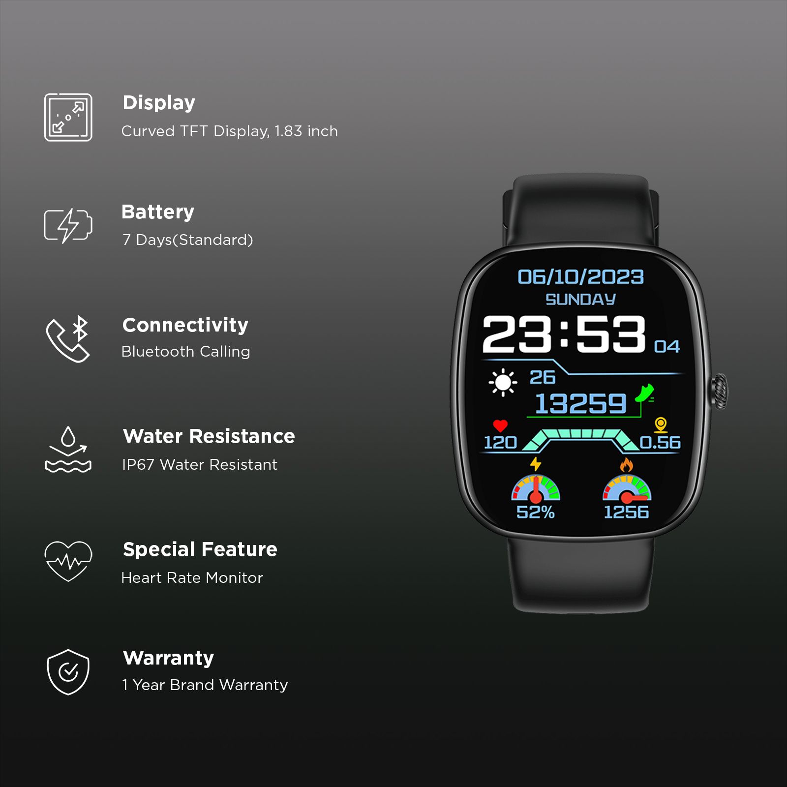 Croma Squad A1 Smartwatch with Bluetooth Calling(46mm Curved TFT Display, IP67 Water Resistant, Black Strap) Croma Squad A1 Smartwatch with Bluetooth Calling(46mm Curved TFT Display, IP67 Water Resistant, Black Strap)_2