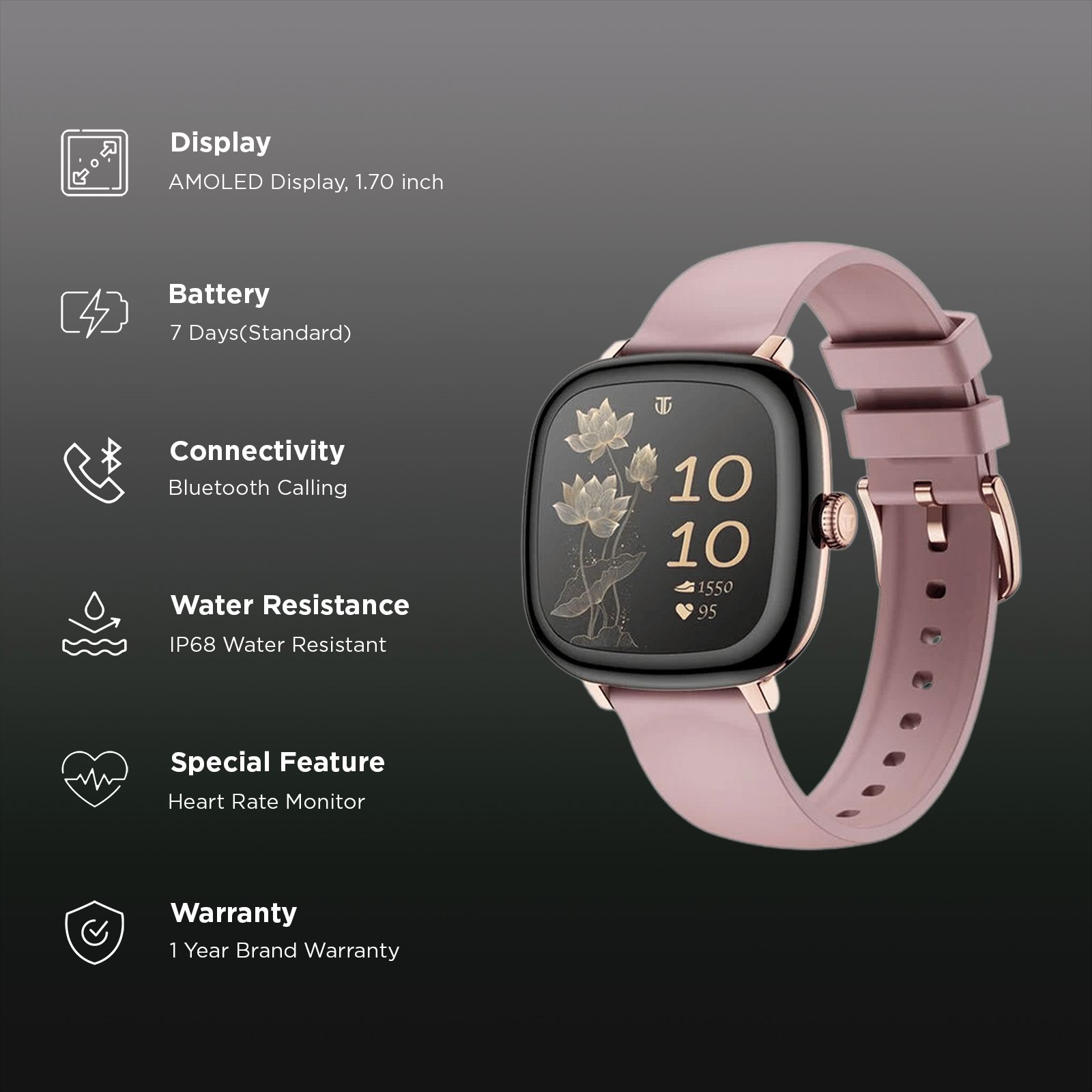 Titan AiRA Smartwatch with Bluetooth Calling (43.1mm, AMOLED Display, IP68 Water Resistant, Pink Strap)_2