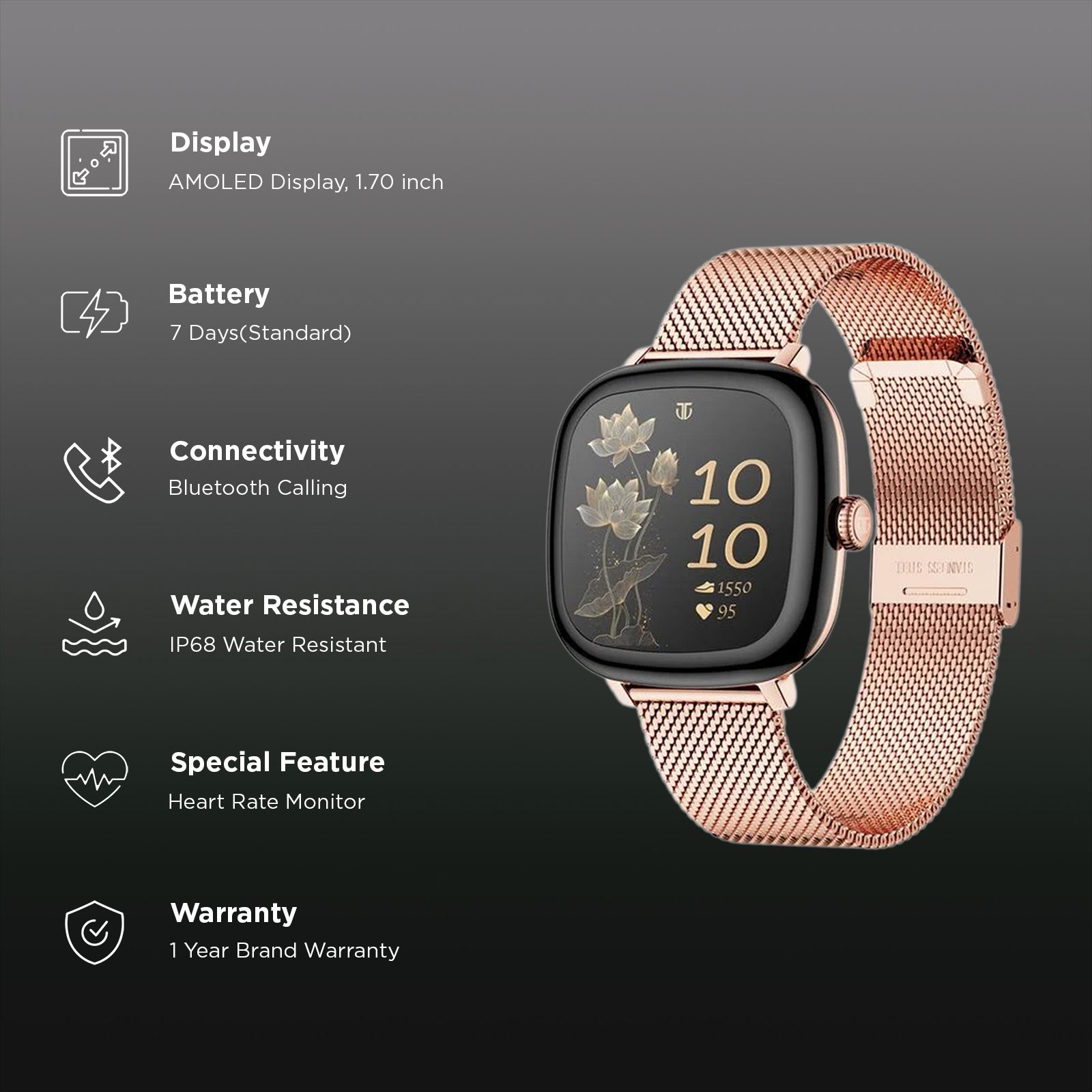 Titan AiRA Smartwatch with Bluetooth Calling (43.1mm, AMOLED Display, IP68 Water Resistant, Rose Gold Strap)_2