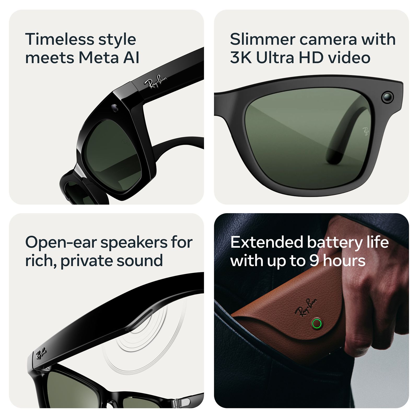 Ray-Ban Meta Wayfarer (Gen 3) AI Glasses (12MP Camera, 9Hrs Playtime, Meta AI, Open Ear Speaker, Real-time Translation, 3K Ultra HD Video Recording, Green Polarised Lenses, Medium, Shiny Black)_4