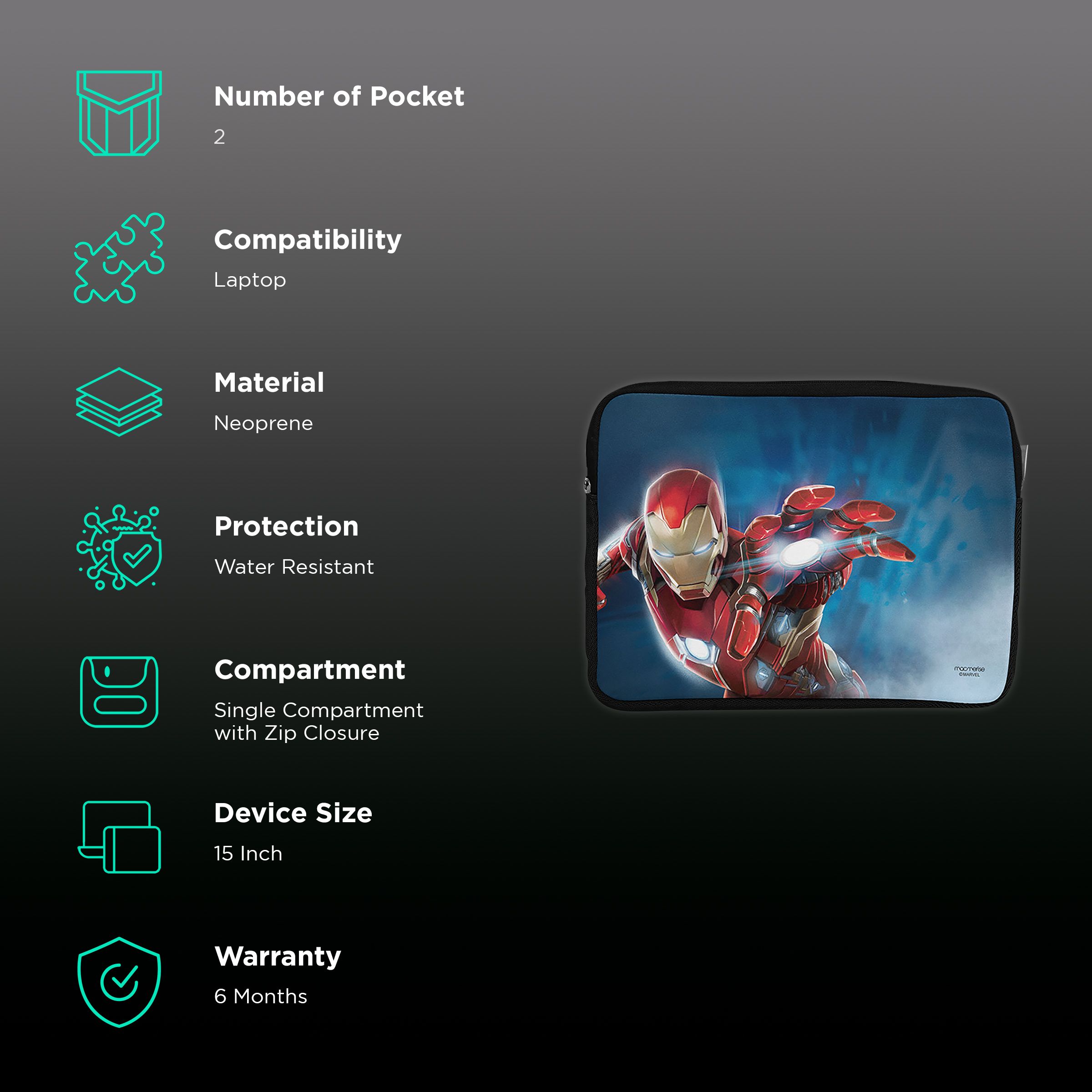 macmerise Mighty Ironman Neoprene Laptop Sleeve for 15 Inch Laptop (Water Resistant, Multi Color)_2